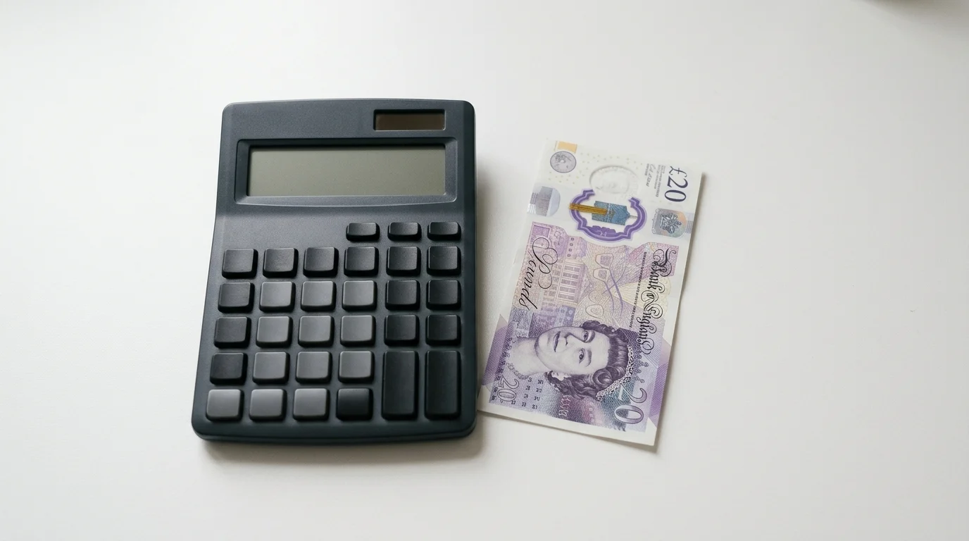 A calculator and a British banknote representing financial planning.