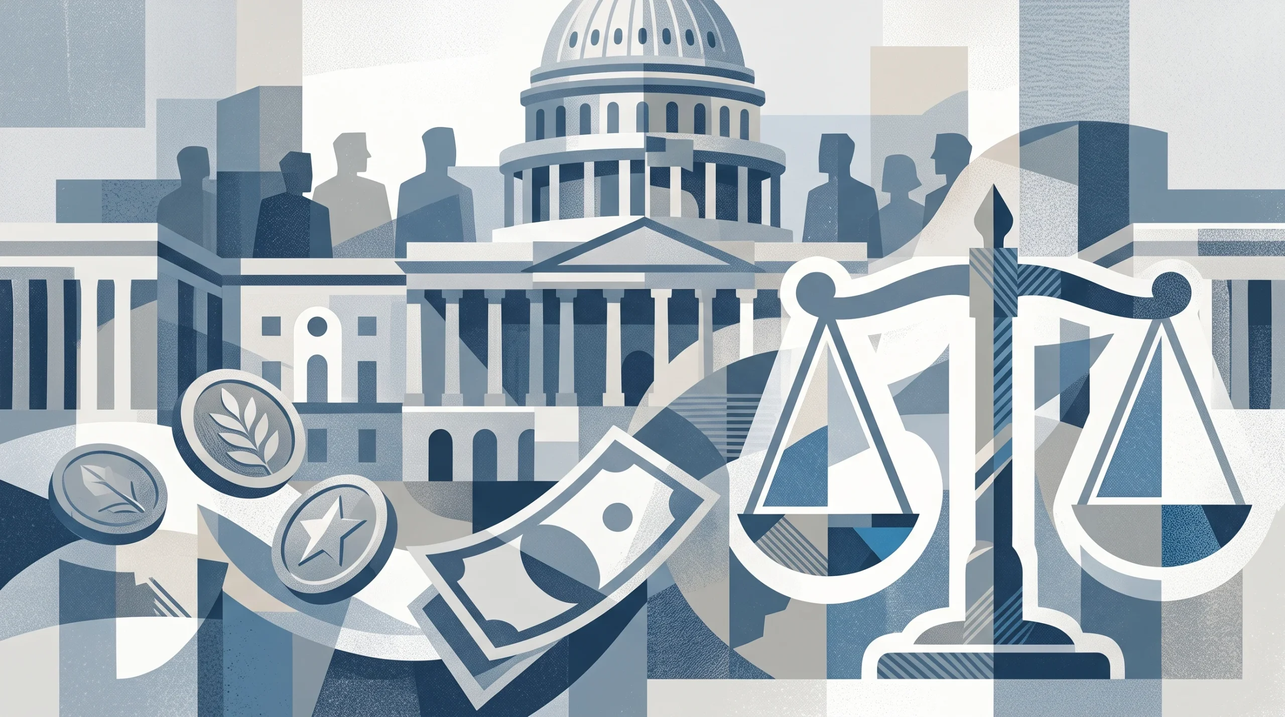 Conceptual illustration of financial regulation and legislative buildings.