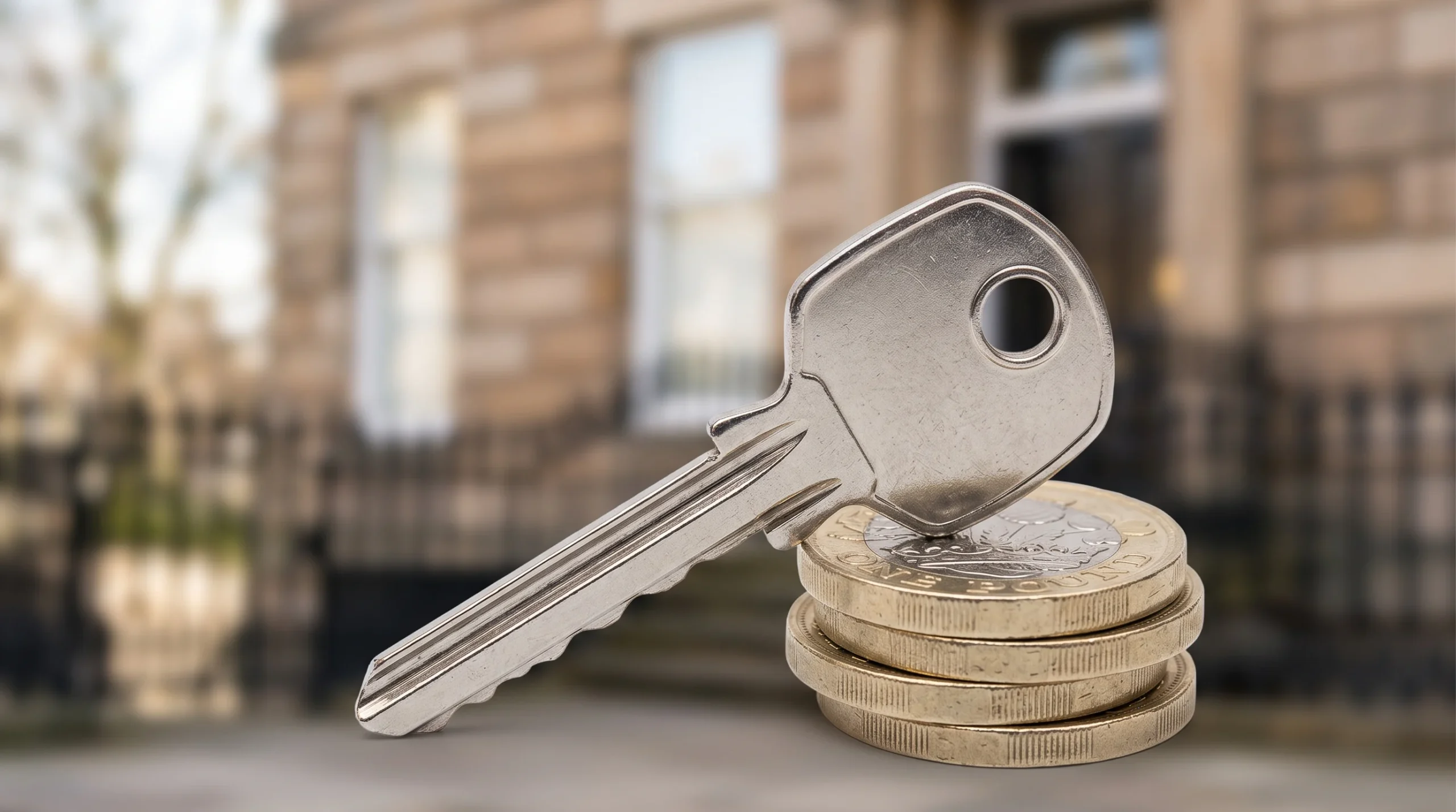 A house key resting on a stack of UK coins representing a property deposit.