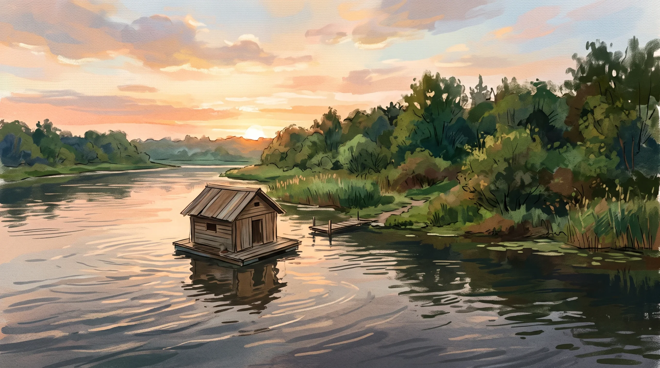 A conceptual illustration of a small wooden structure on a river.