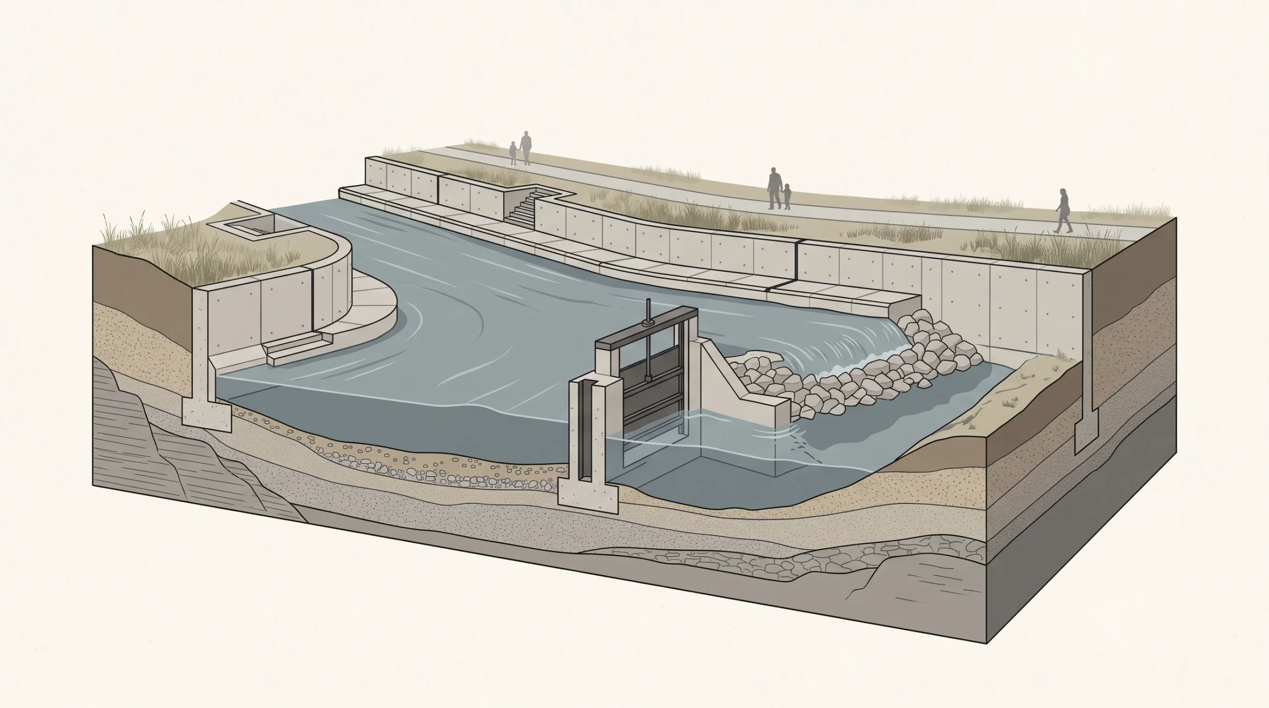 Conceptual illustration of river channel engineering and flood defence structures.
