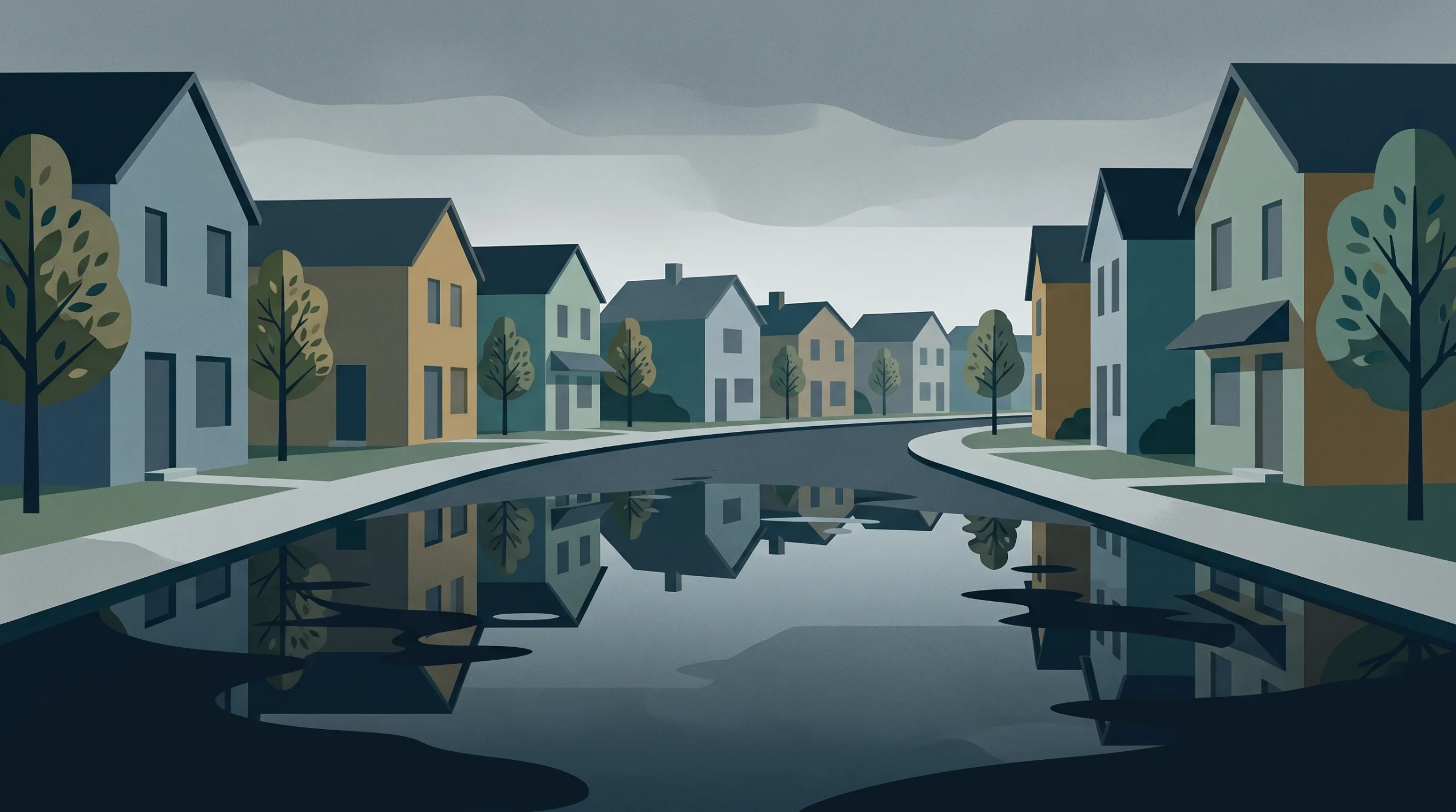 A conceptual illustration of modern houses with a water reflection on the street.