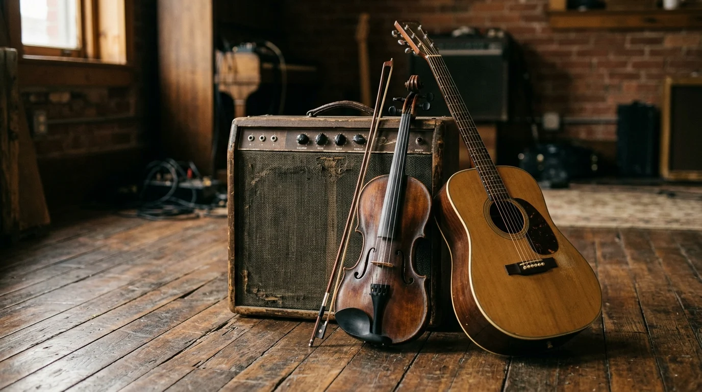 Close up of a violin and acoustic guitar against an amplifier.