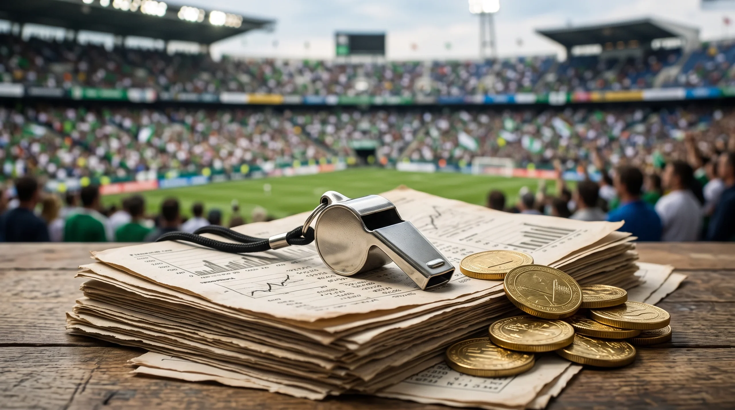 A silver whistle resting on financial papers and coins.