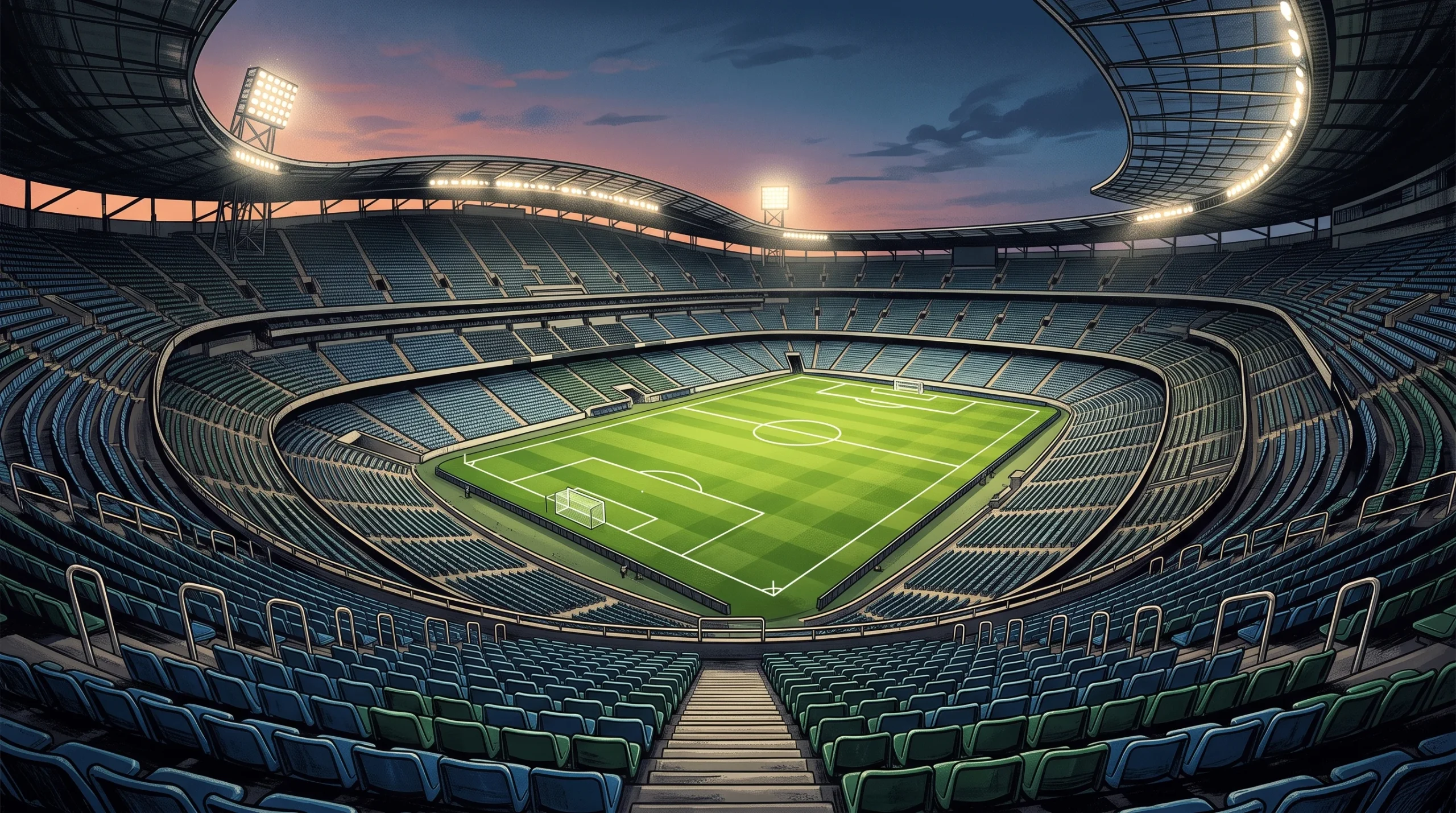 A view of a modern football stadium from the stands at dusk.