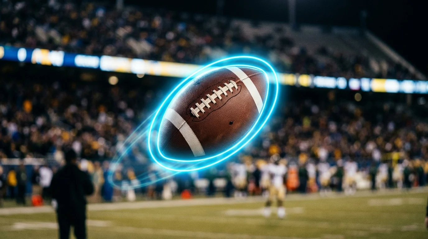 Conceptual image of a football in mid-air with digital highlights.