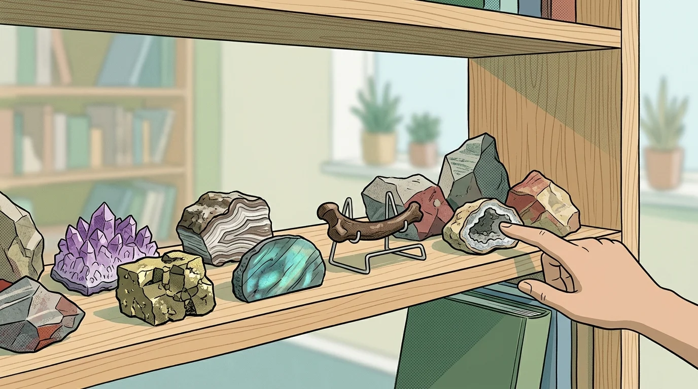 Conceptual illustration of fossils and geological items on a shelf.