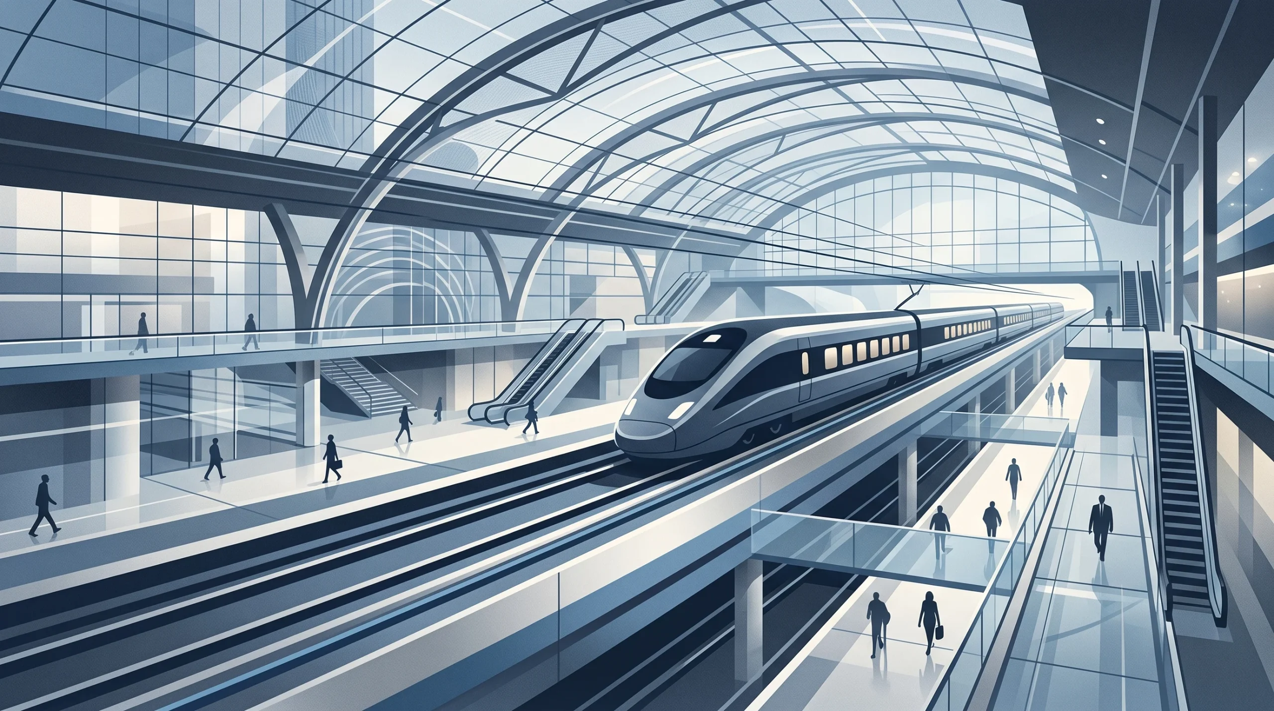 A conceptual illustration of a modern train in a minimalist station setting.