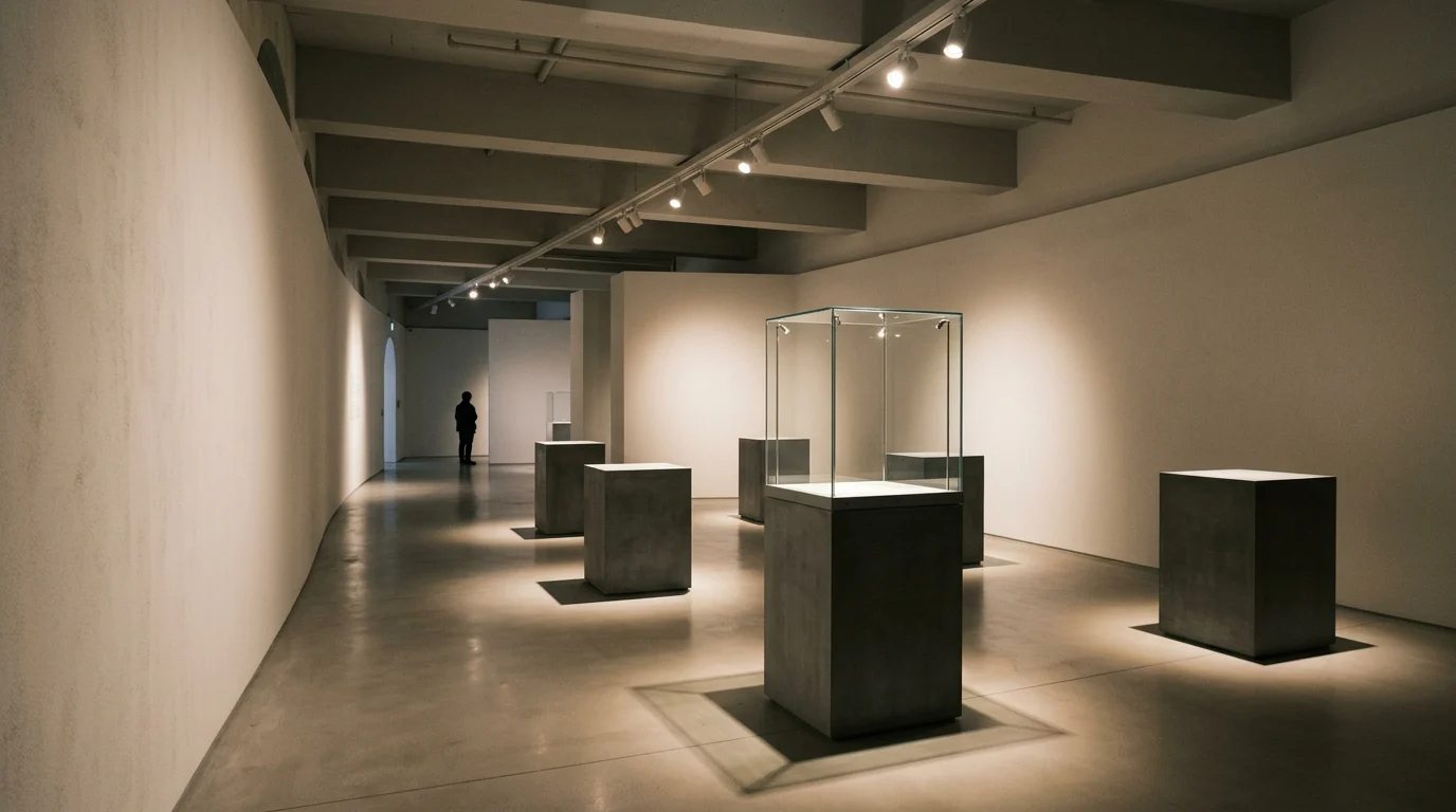 A modern museum gallery interior with empty display cases.