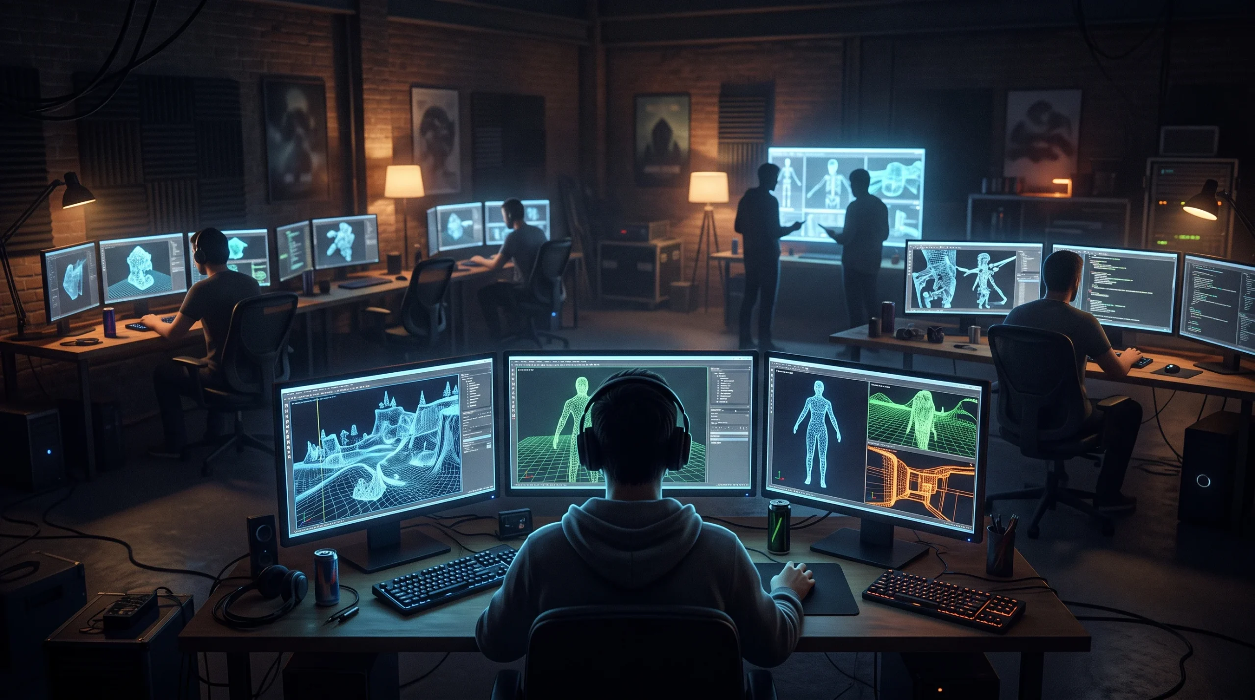 A conceptual illustration of a video game development studio with 3D models on screens.
