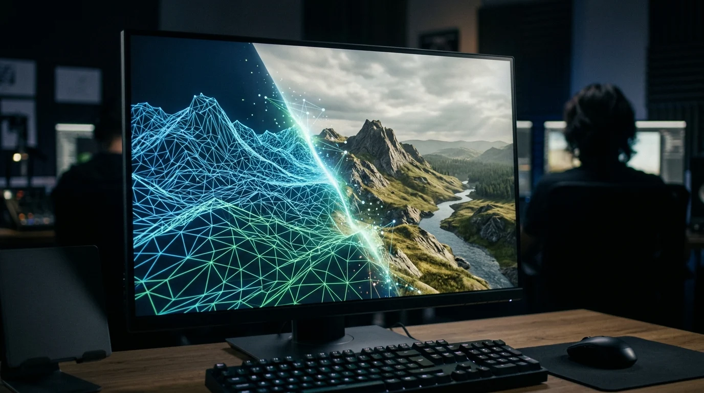 Conceptual digital wireframe rendering of a landscape