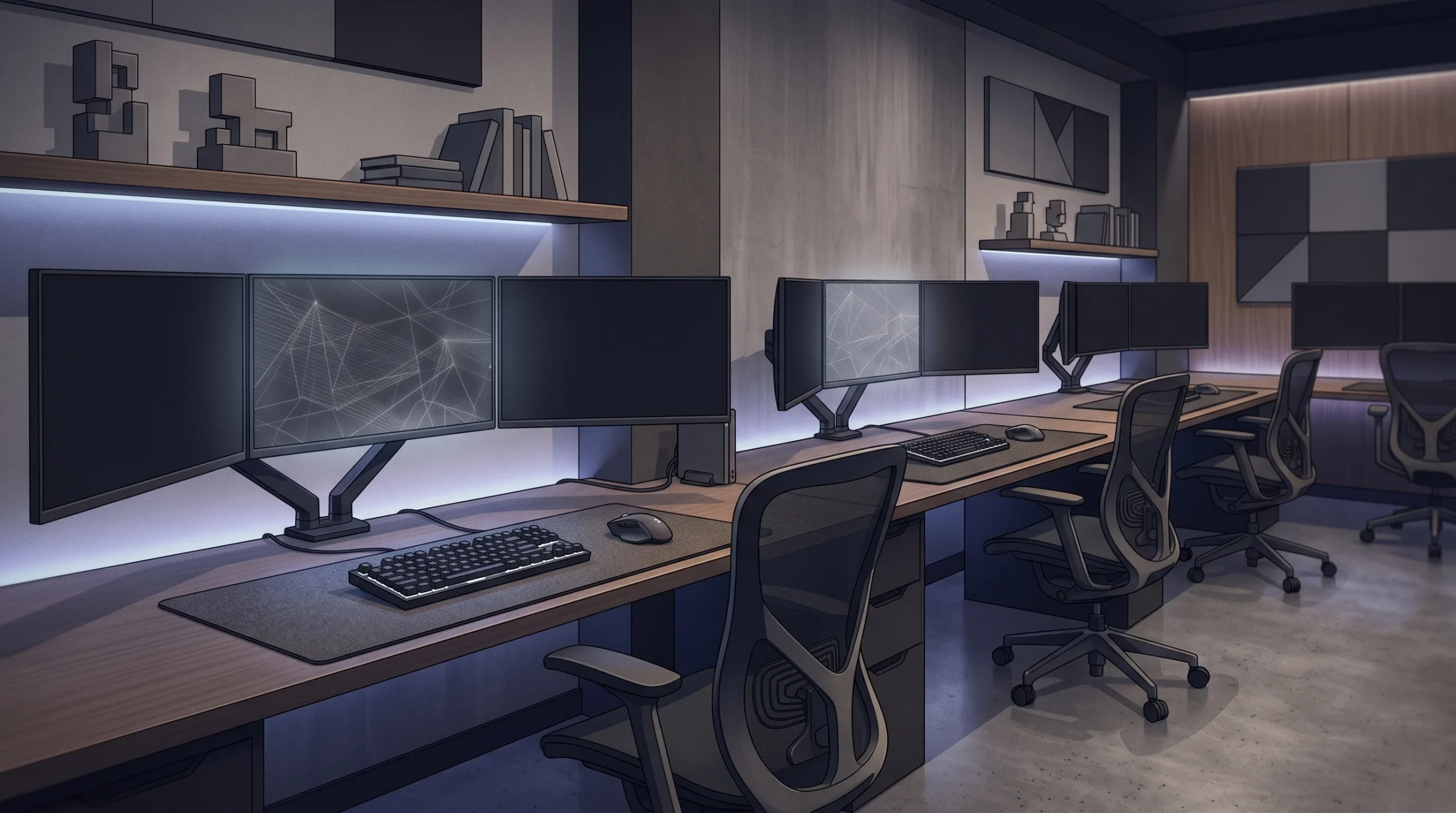 A modern video game development studio workspace.