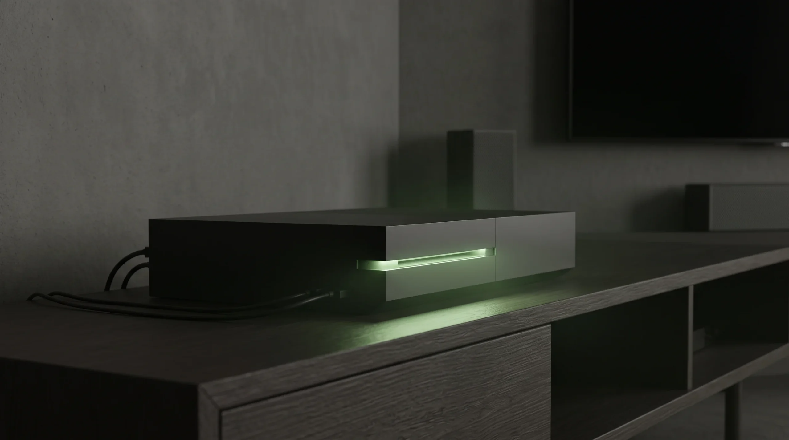 A close-up of a glowing gaming console in a dark room.
