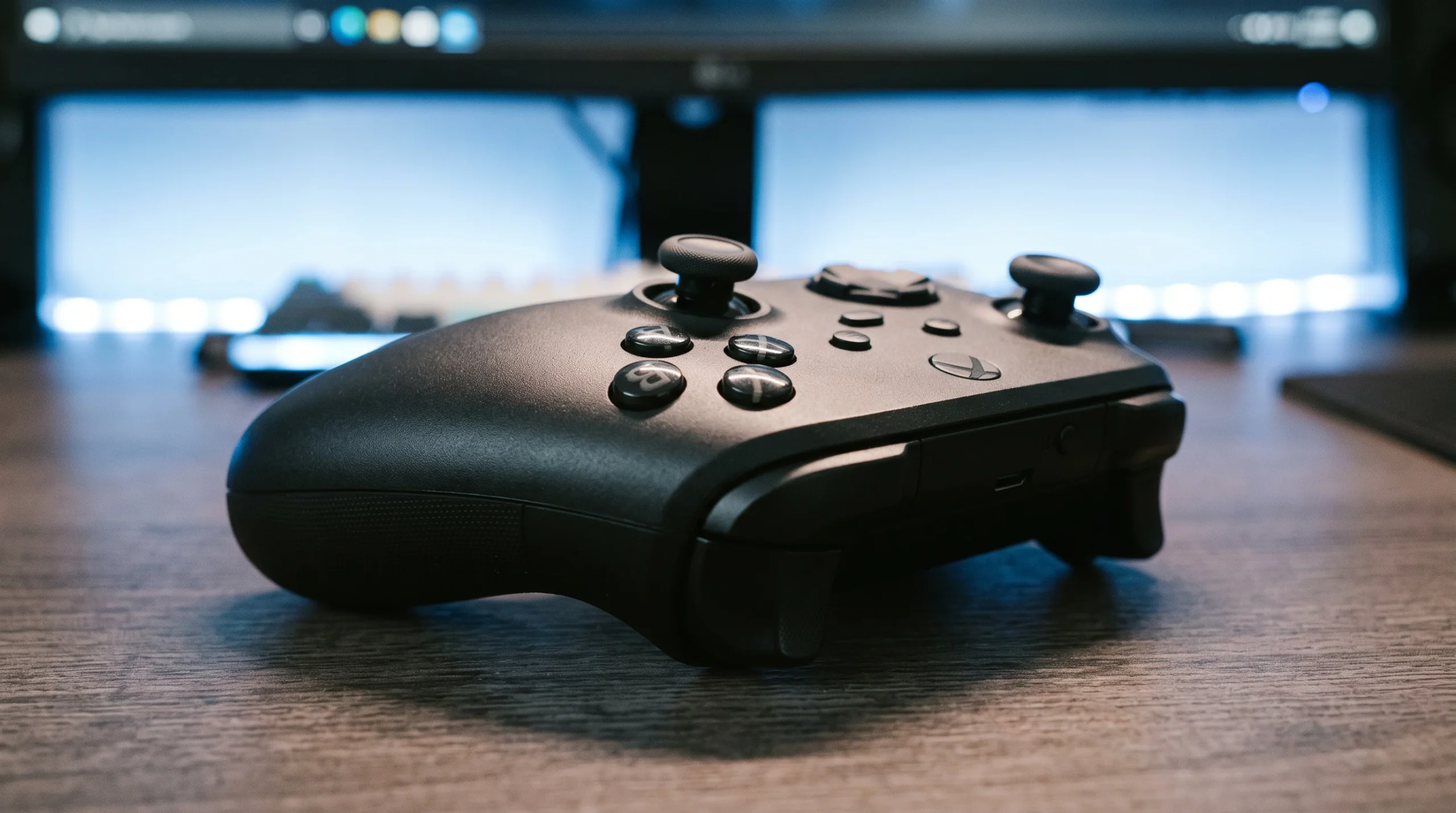 A gaming controller on a desk with blue ambient lighting.