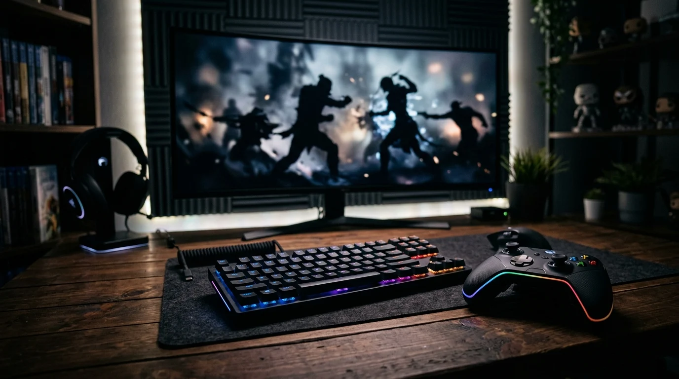 A professional gaming setup with a controller and keyboard.
