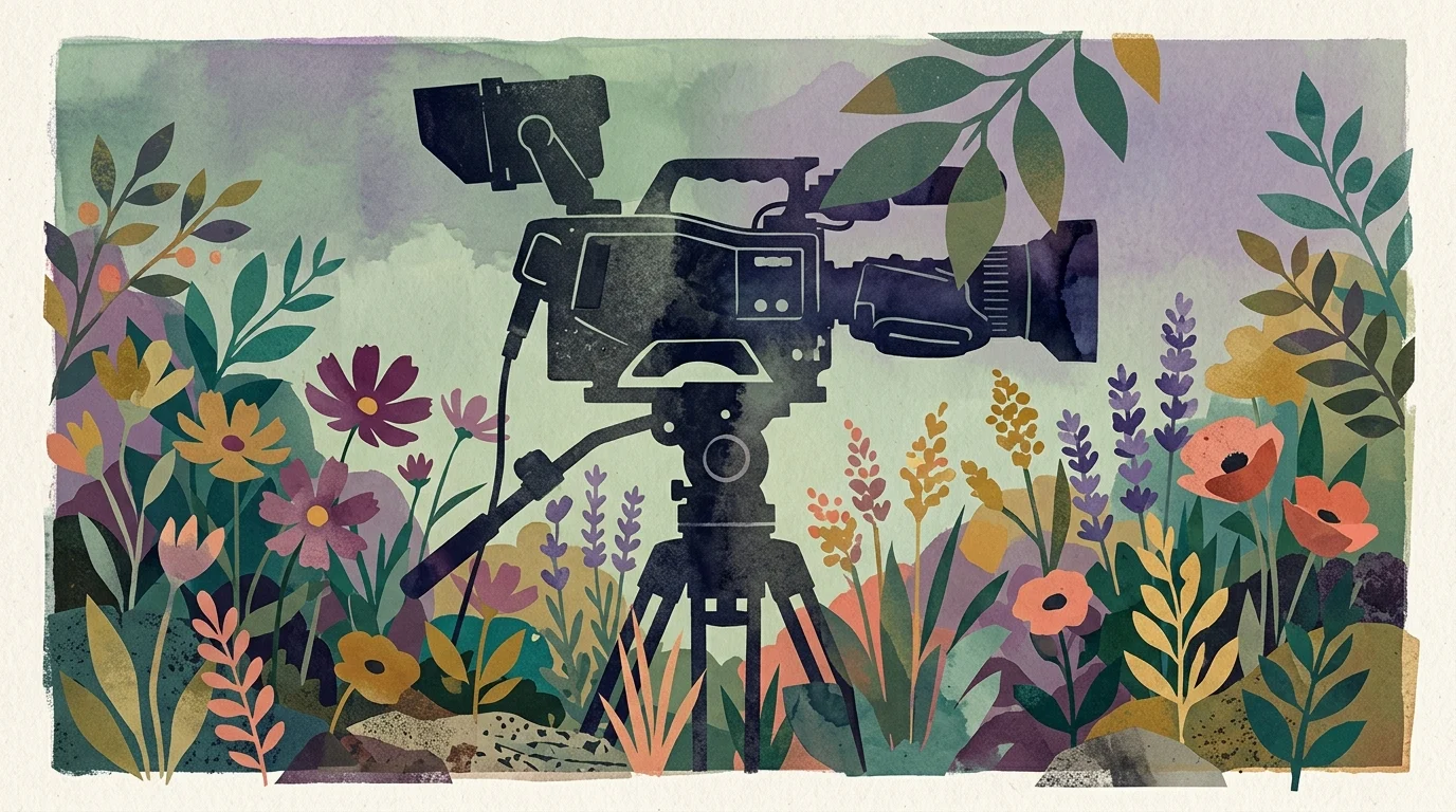 Silhouette of a television camera in a garden.