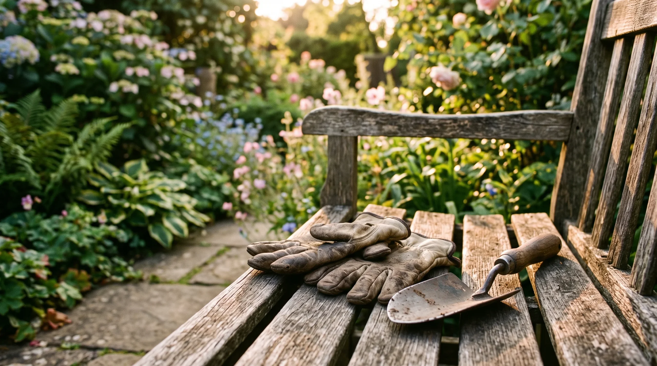 A pair of gardening gloves and a trowel on a wooden bench.