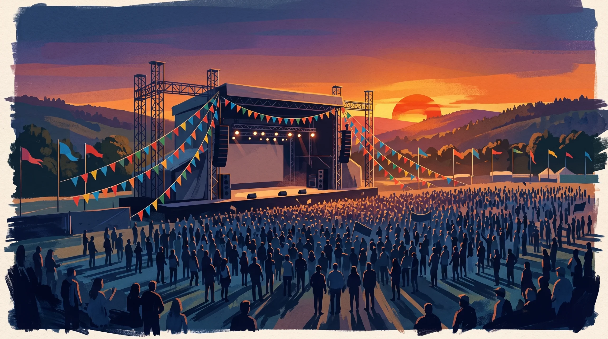 A generic music festival stage at sunset with flags in the foreground.