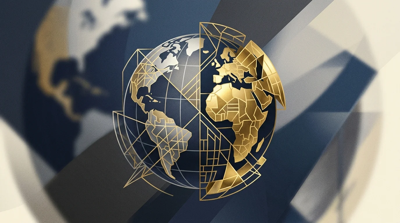 Conceptual graphic of a globe with geometric architectural patterns.