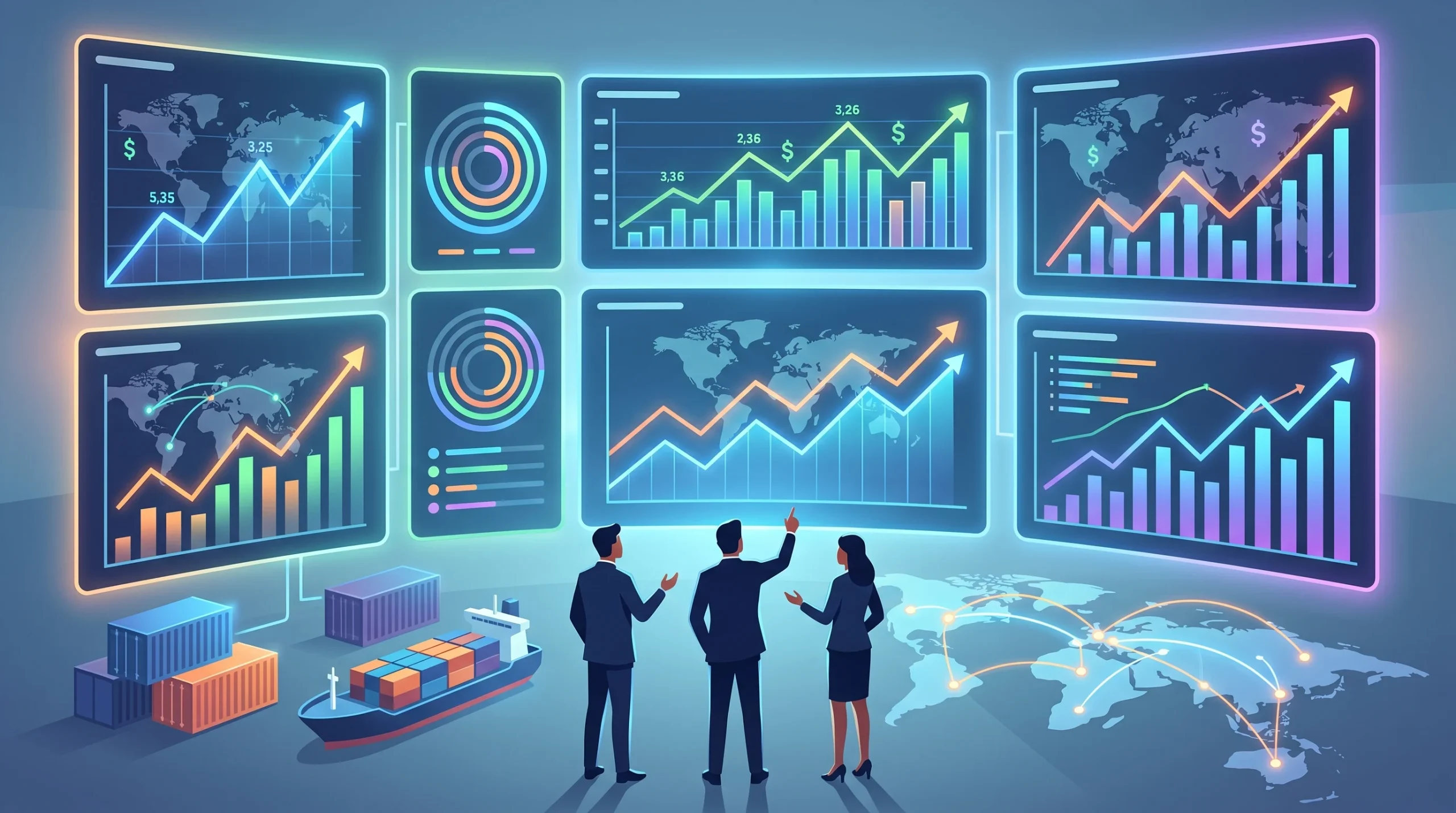 Conceptual illustration of financial data and stock market graphs.