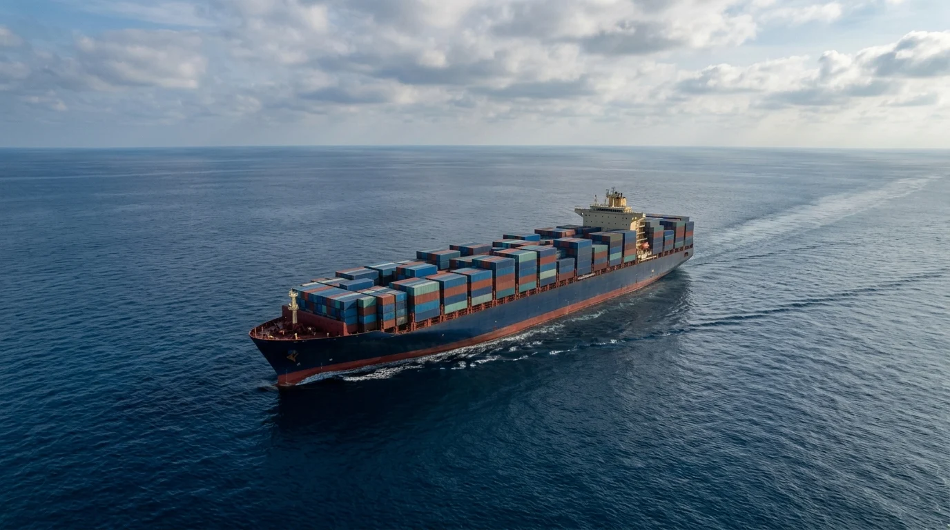 A large cargo ship at sea representing international trade.