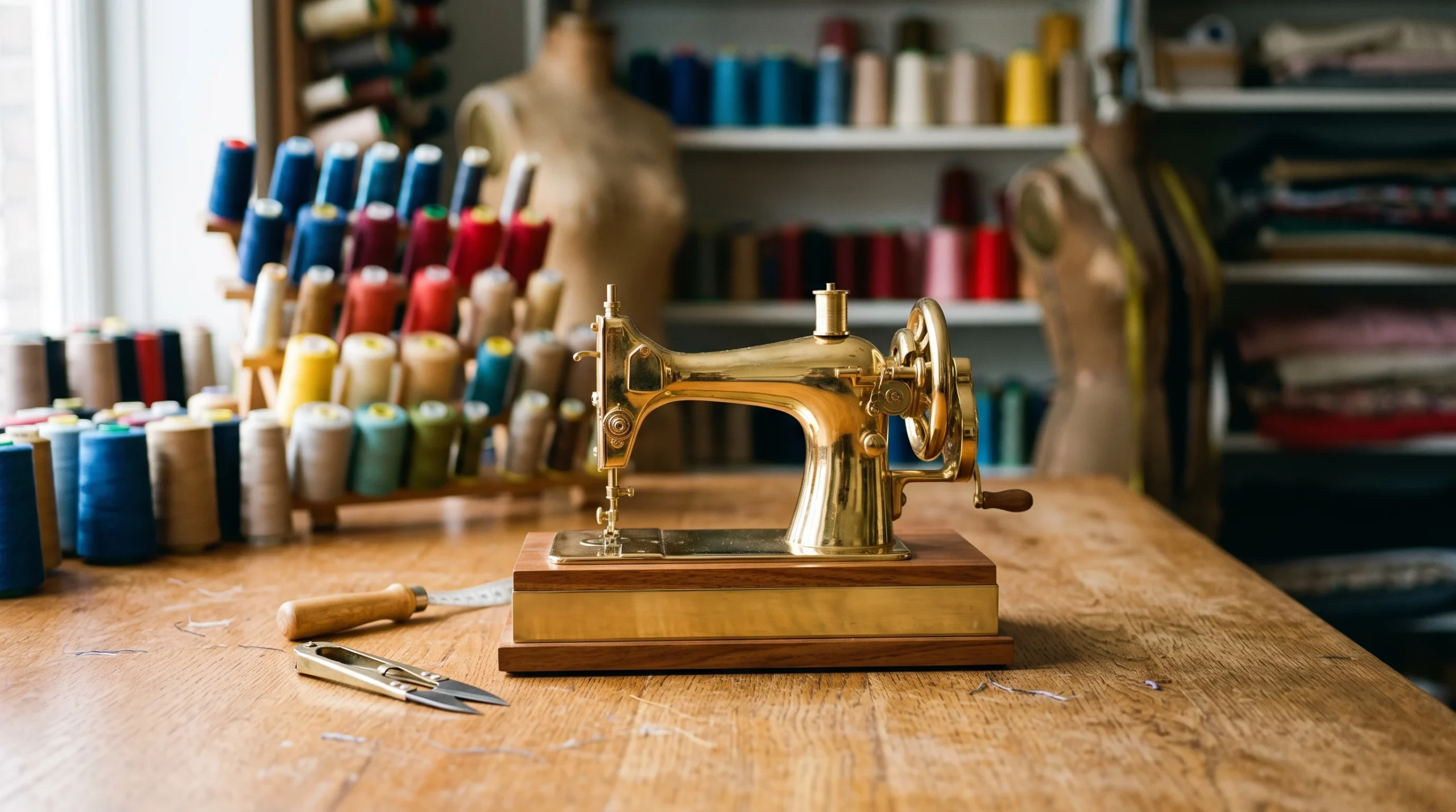 A golden sewing machine trophy on a wooden table.