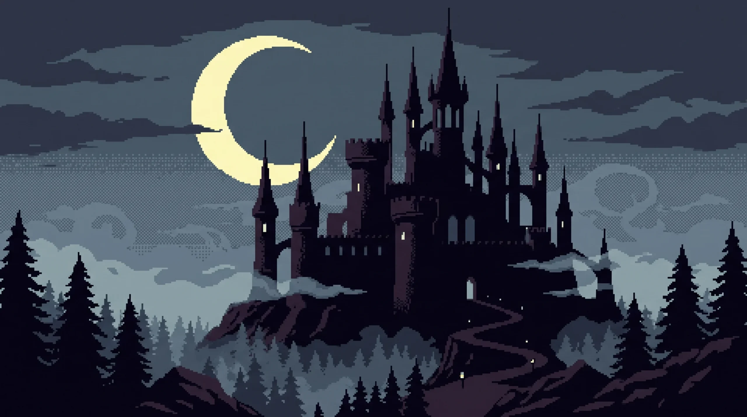 A silhouette of a gothic castle under a full moon in a retro art style.