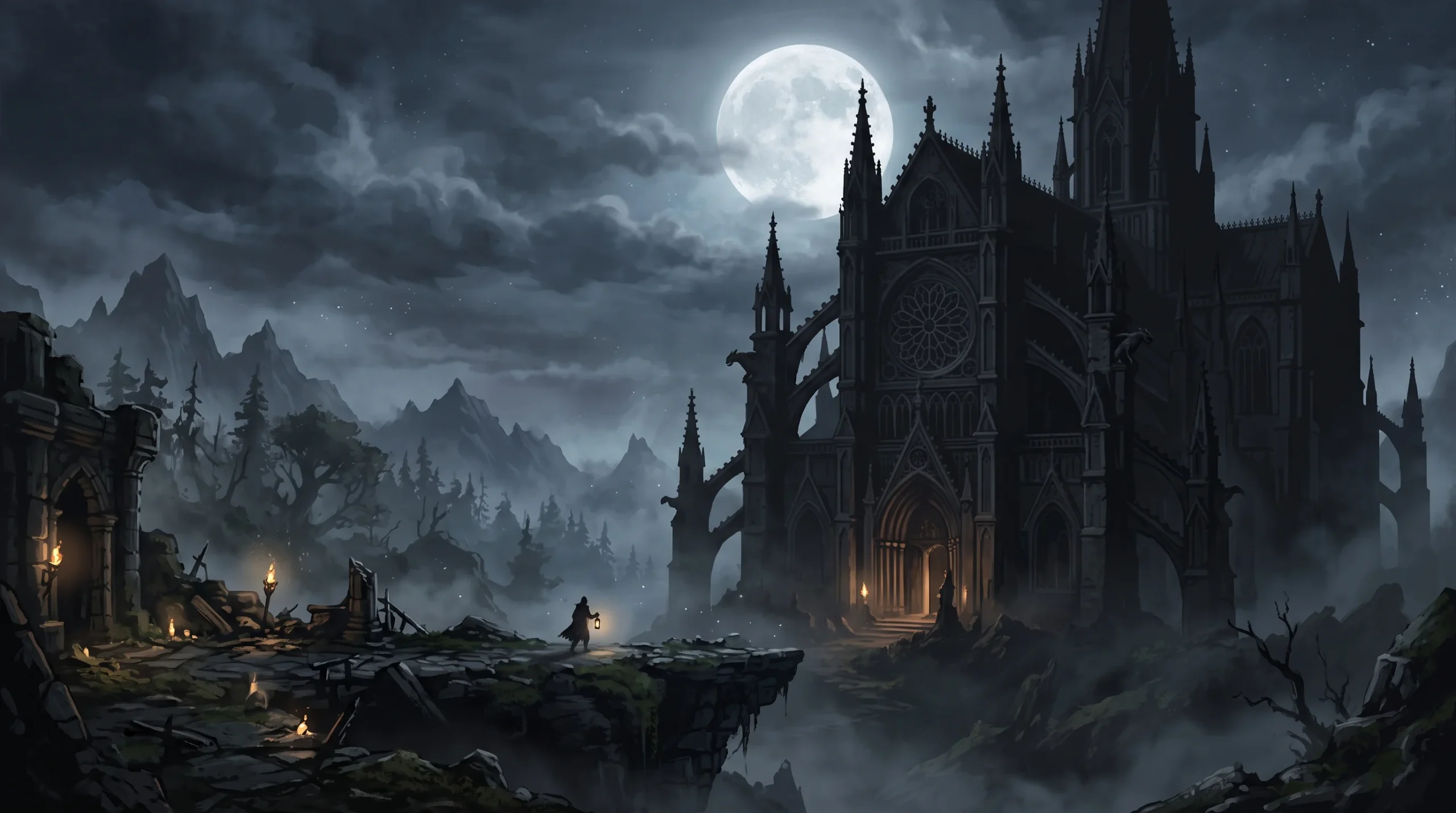 A conceptual illustration of a gothic cathedral at night with a full moon.