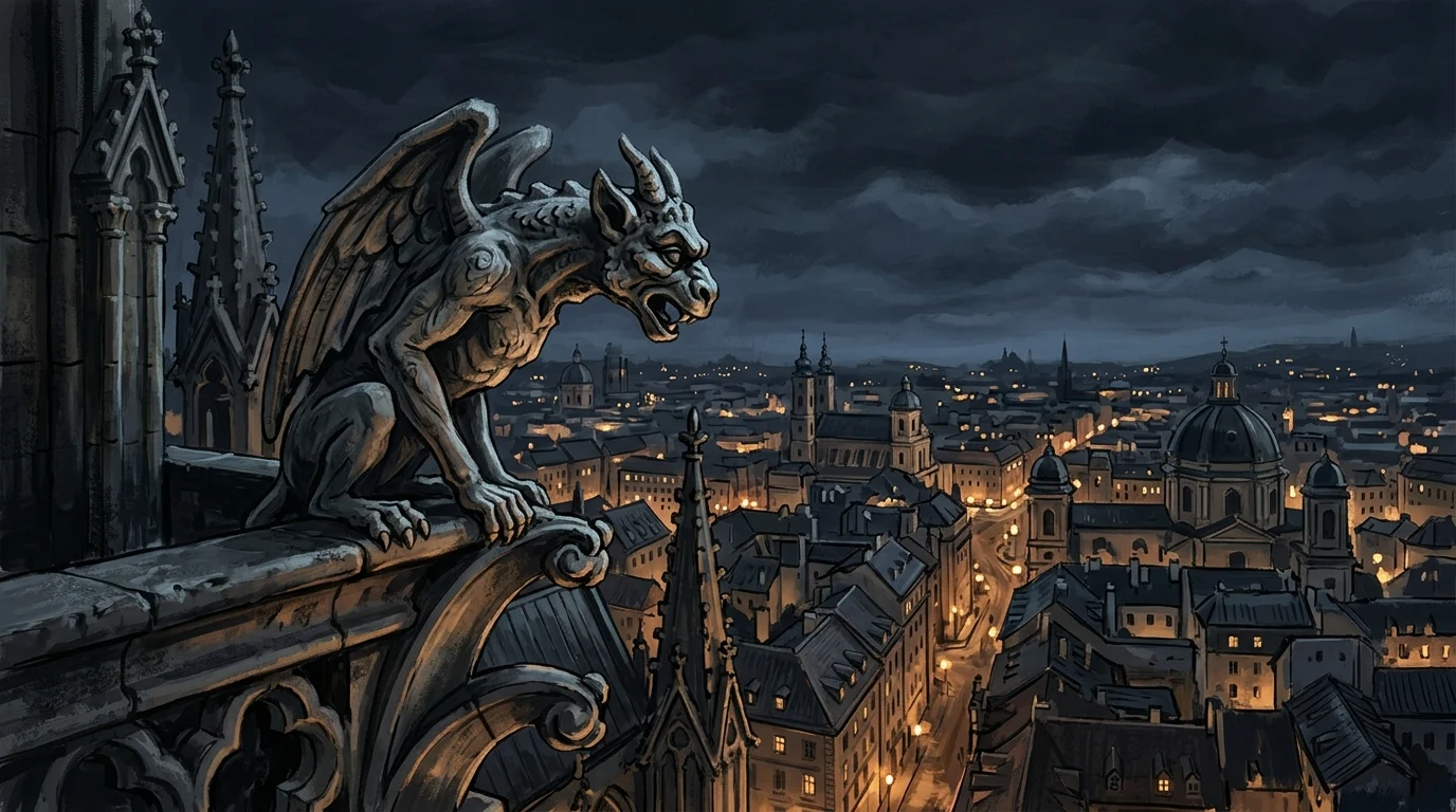 A stone gargoyle on a gothic building overlooking a city at night.