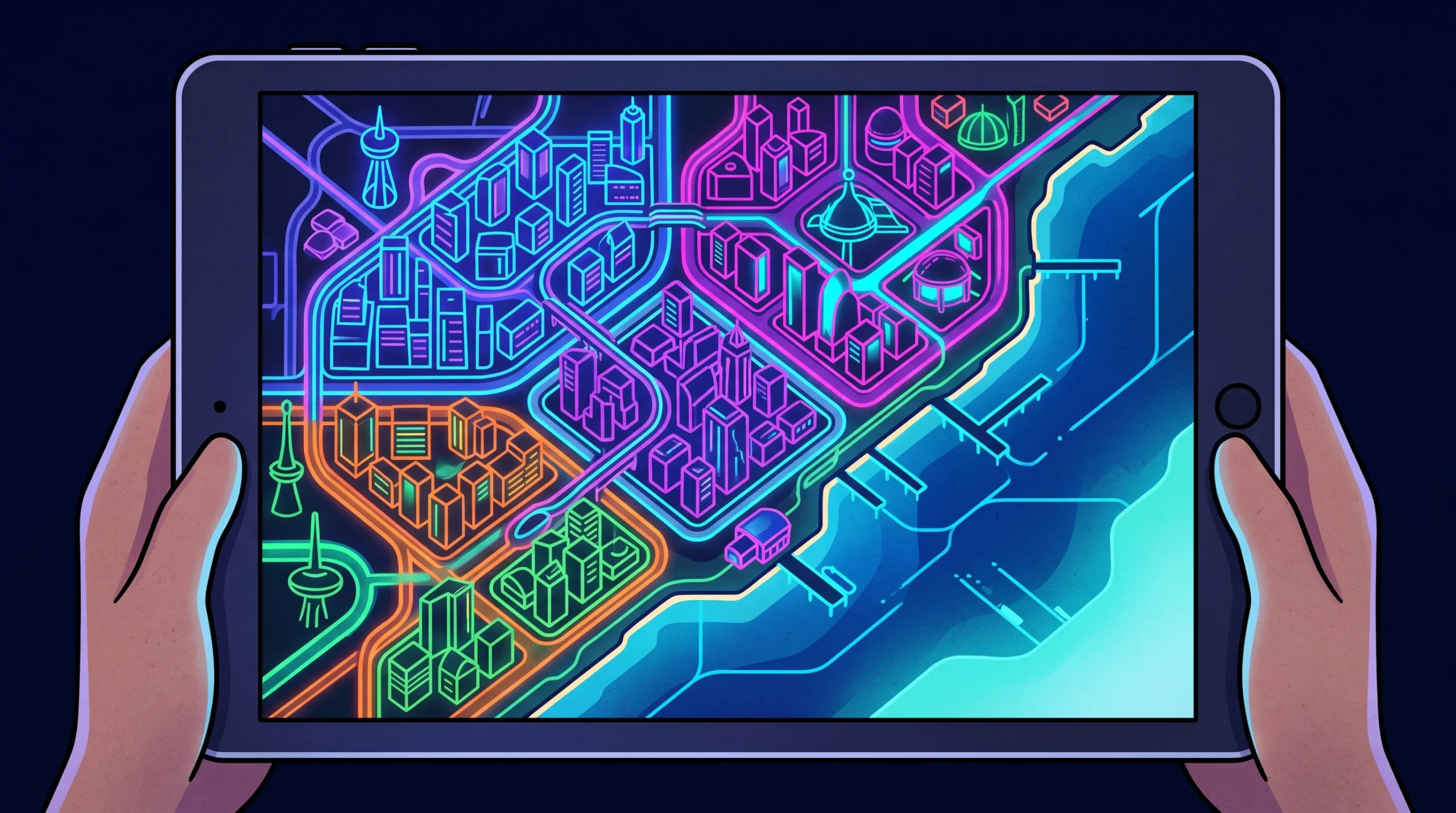 A conceptual illustration of a digital city map on a tablet.
