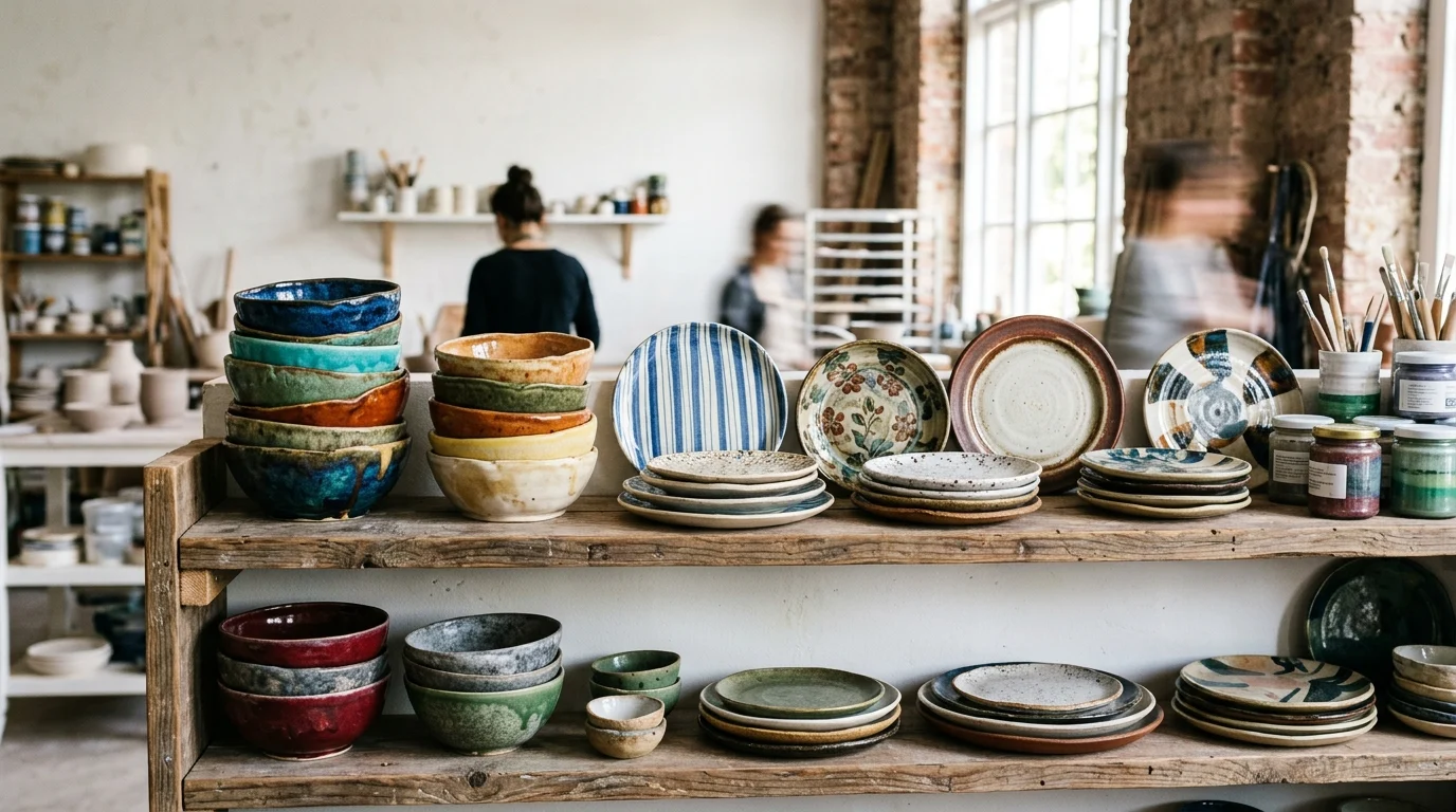 Assorted handmade ceramic pottery on a wooden shelf.