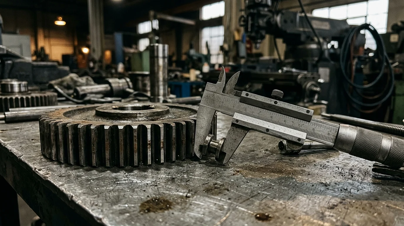 Close up of industrial tools and gears on a metal surface.