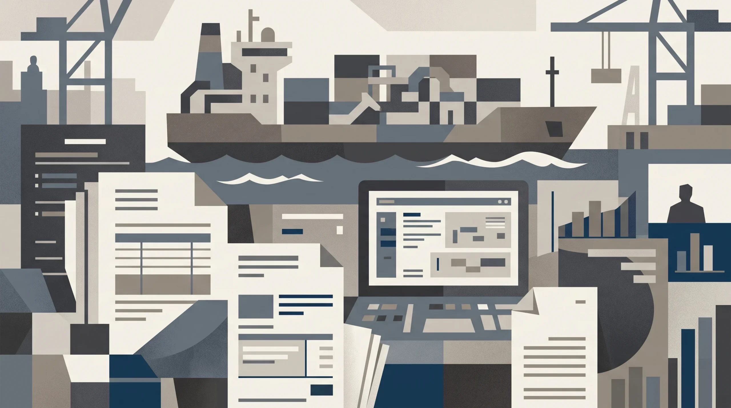 A conceptual illustration of digital business documents and a cargo ship representing international trade and taxation.
