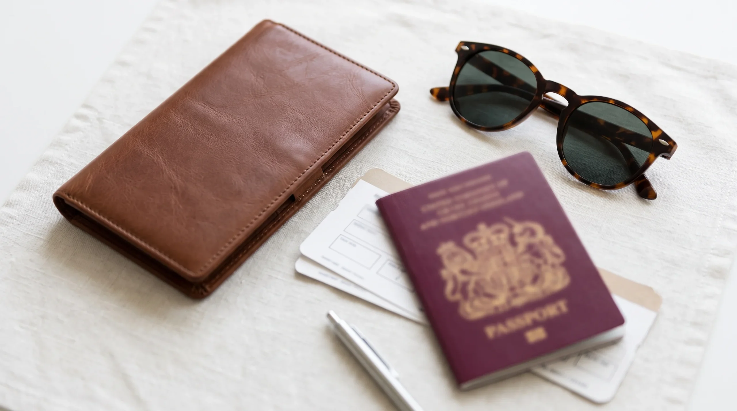 A generic passport and travel accessories on a table.