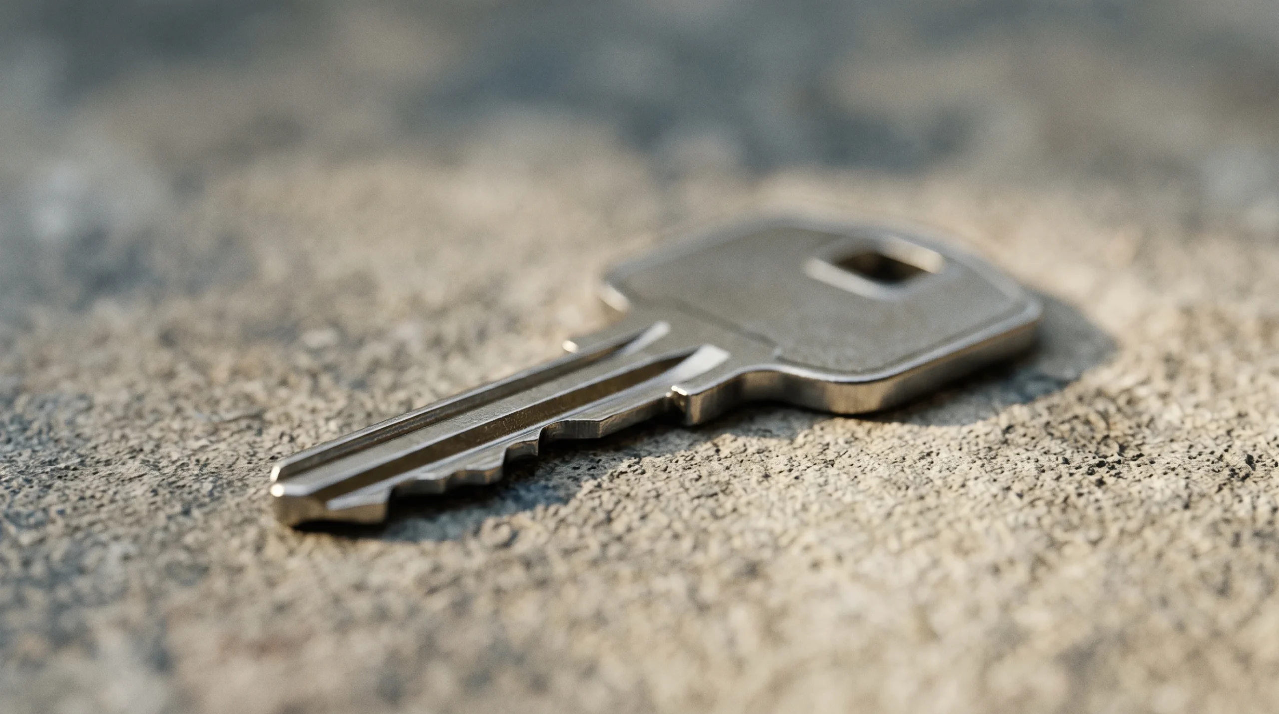 A close-up of a house key on a plain background