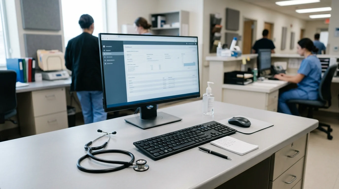 A conceptual image of an NHS clinical workstation.
