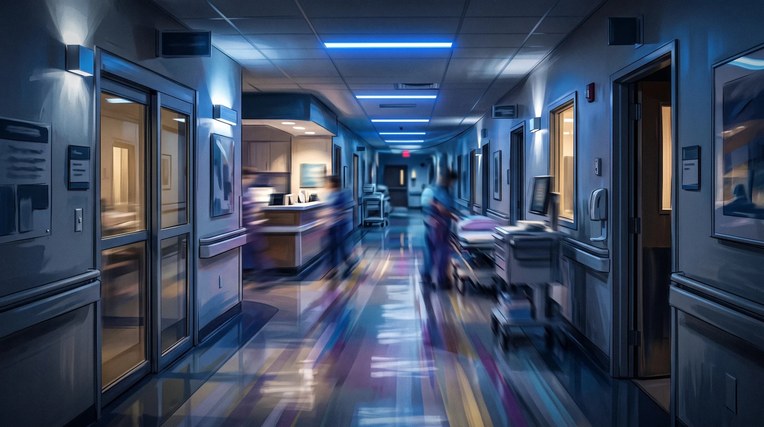A blurred hospital corridor at night, representing the setting of the medical drama .