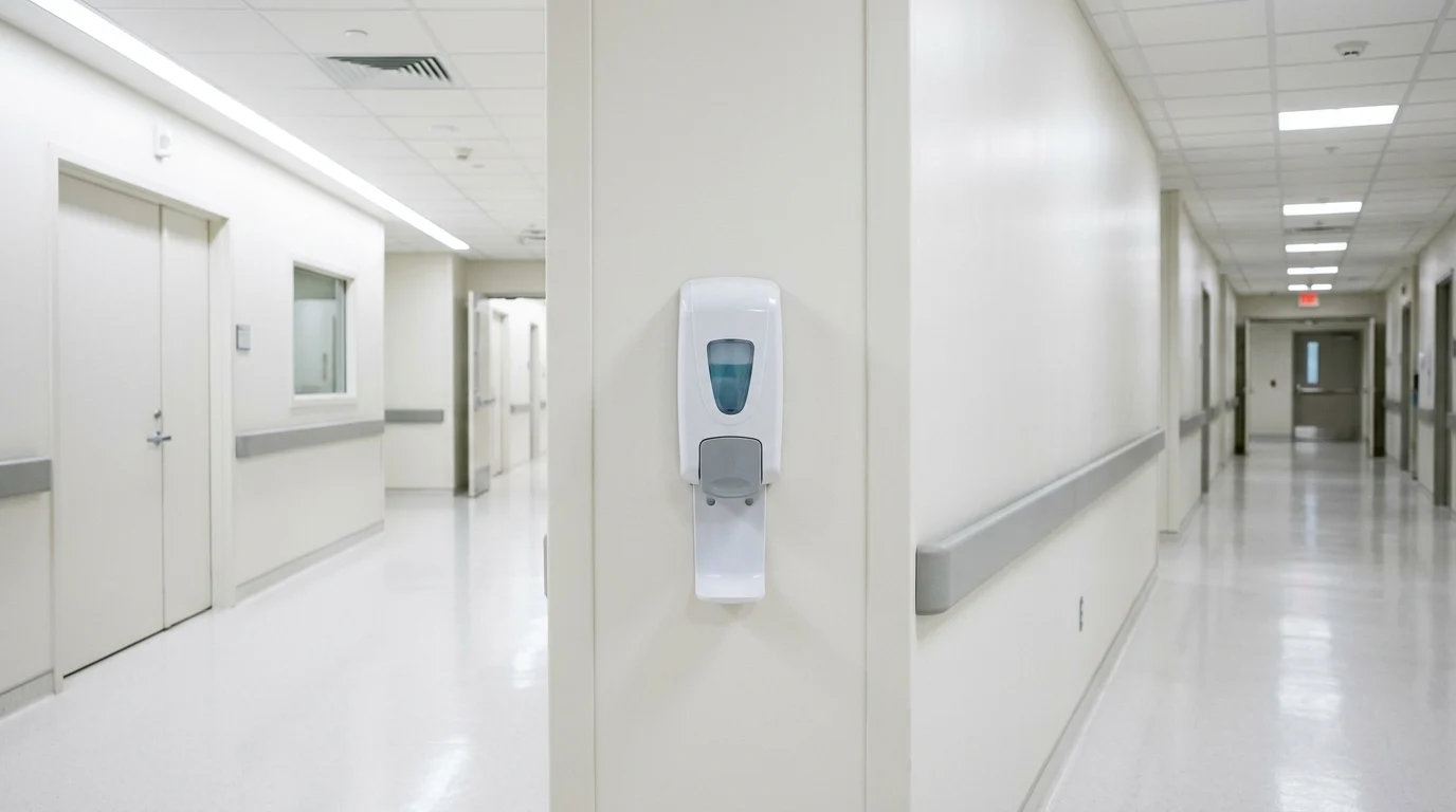 A hand sanitiser dispenser in a clinical hospital setting.