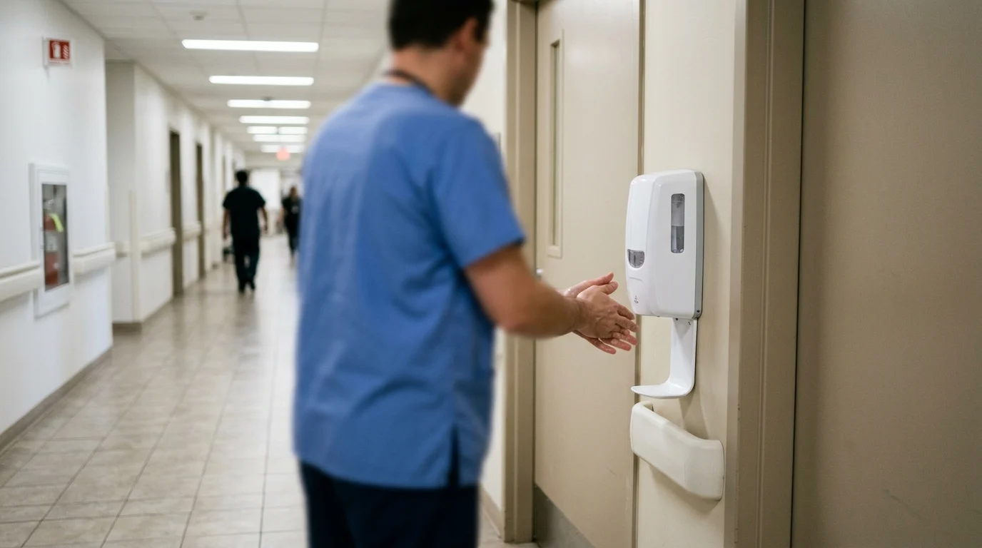 Soft focus image of a hand sanitiser station in a generic hospital setting.