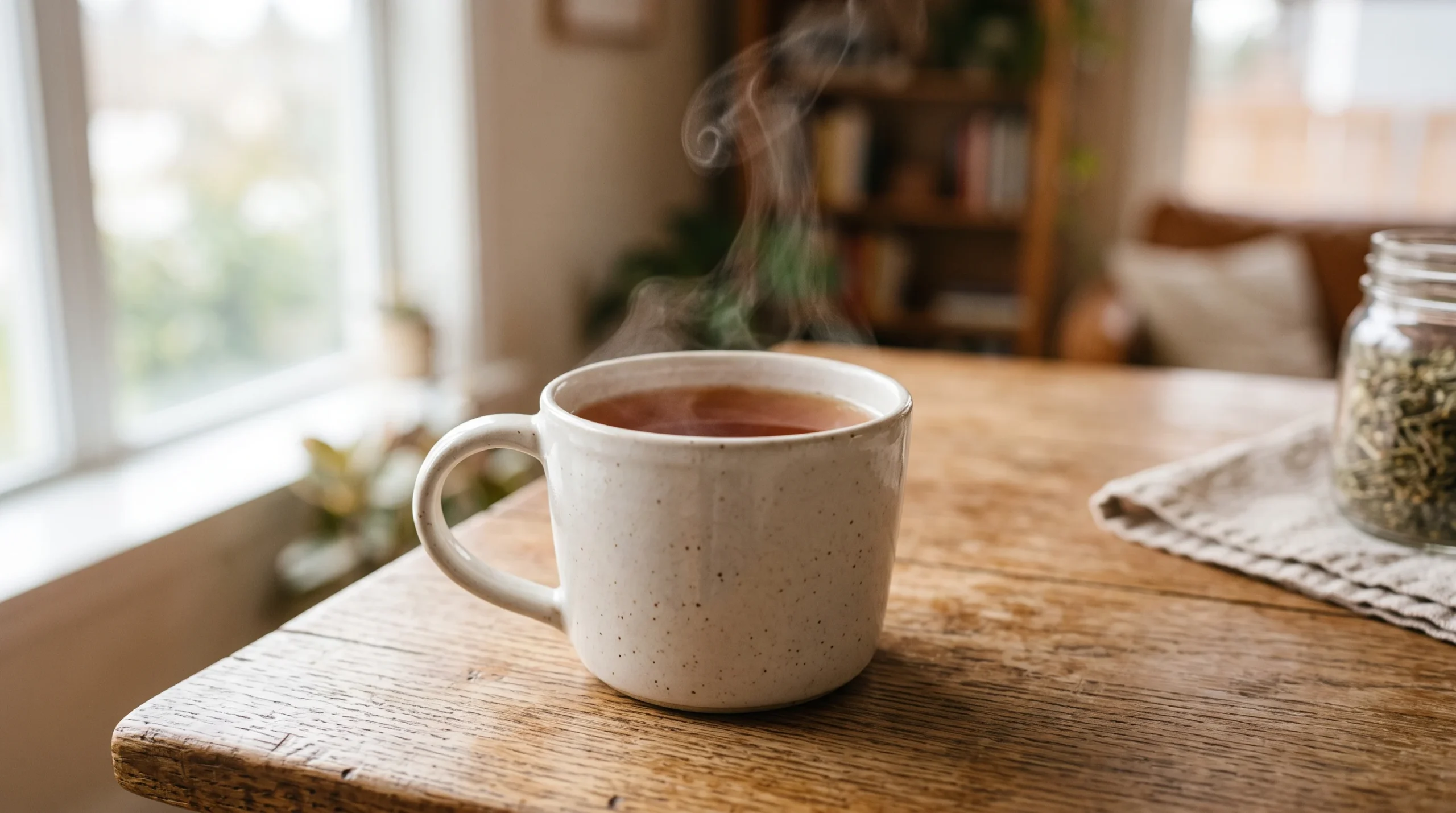 A steaming mug of hot tea on a table.