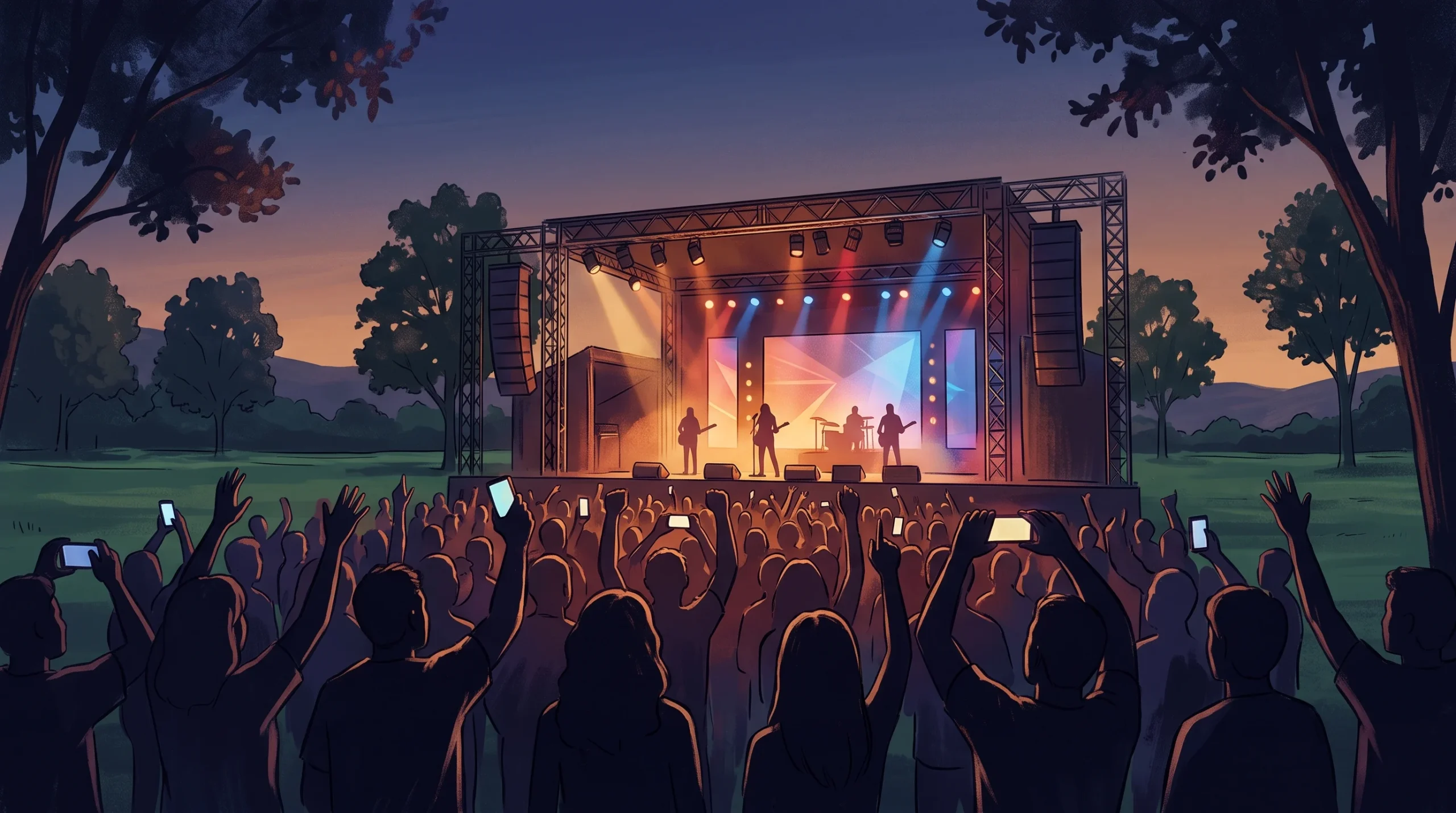 A conceptual illustration of an outdoor stage in a green park during a music concert.