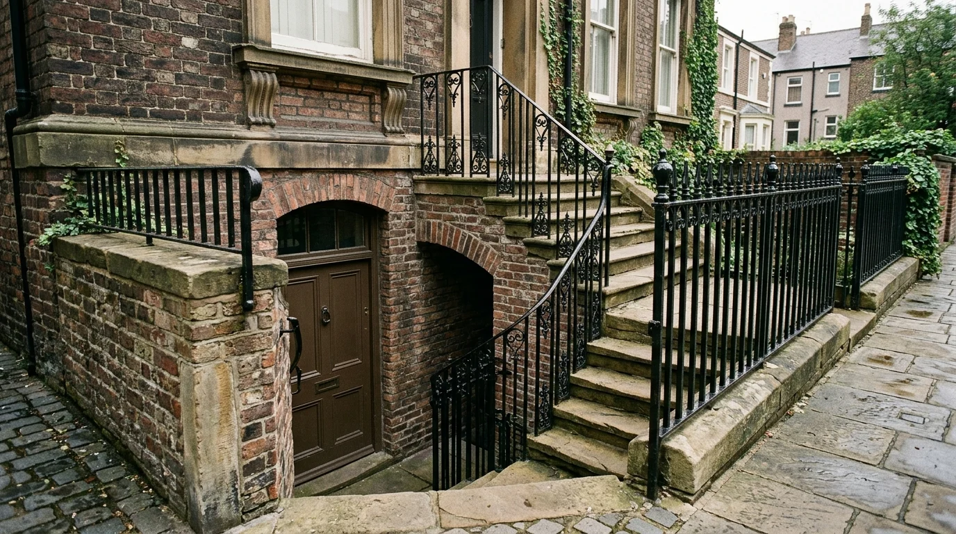 Architectural detail of a period residential basement entrance.