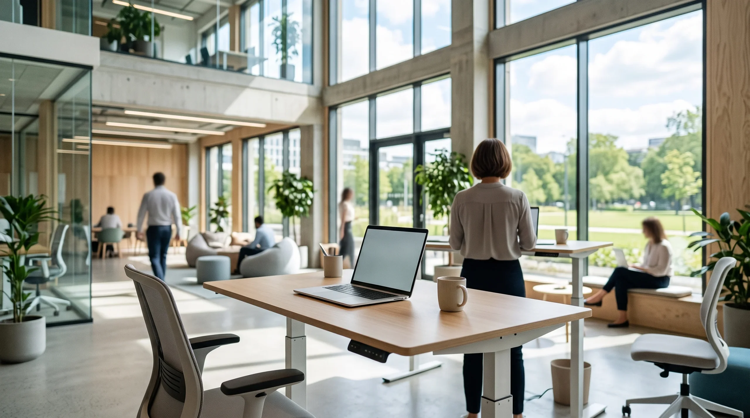 A modern accessible office desk with a laptop and adjustable features.