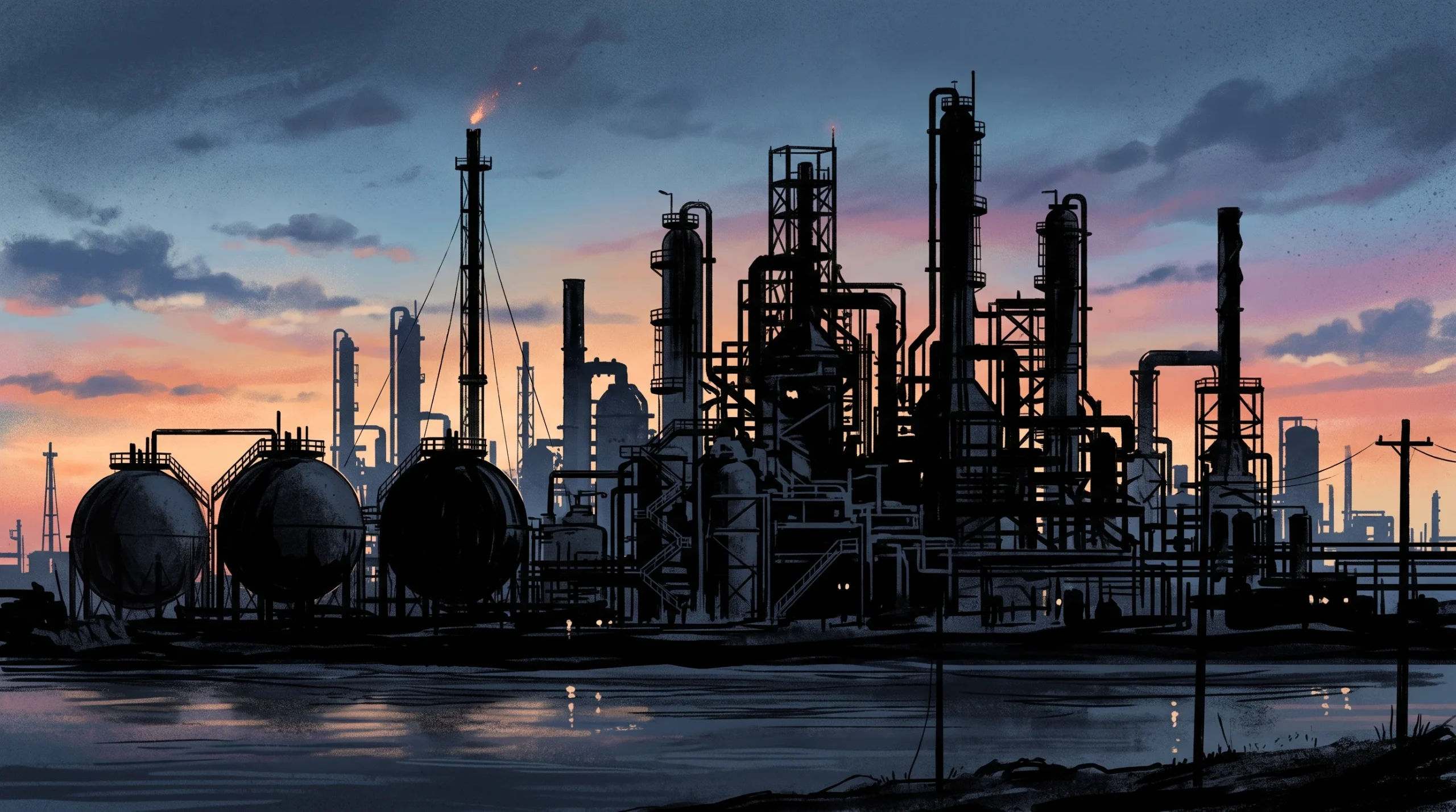 A conceptual illustration of an industrial chemical manufacturing facility.