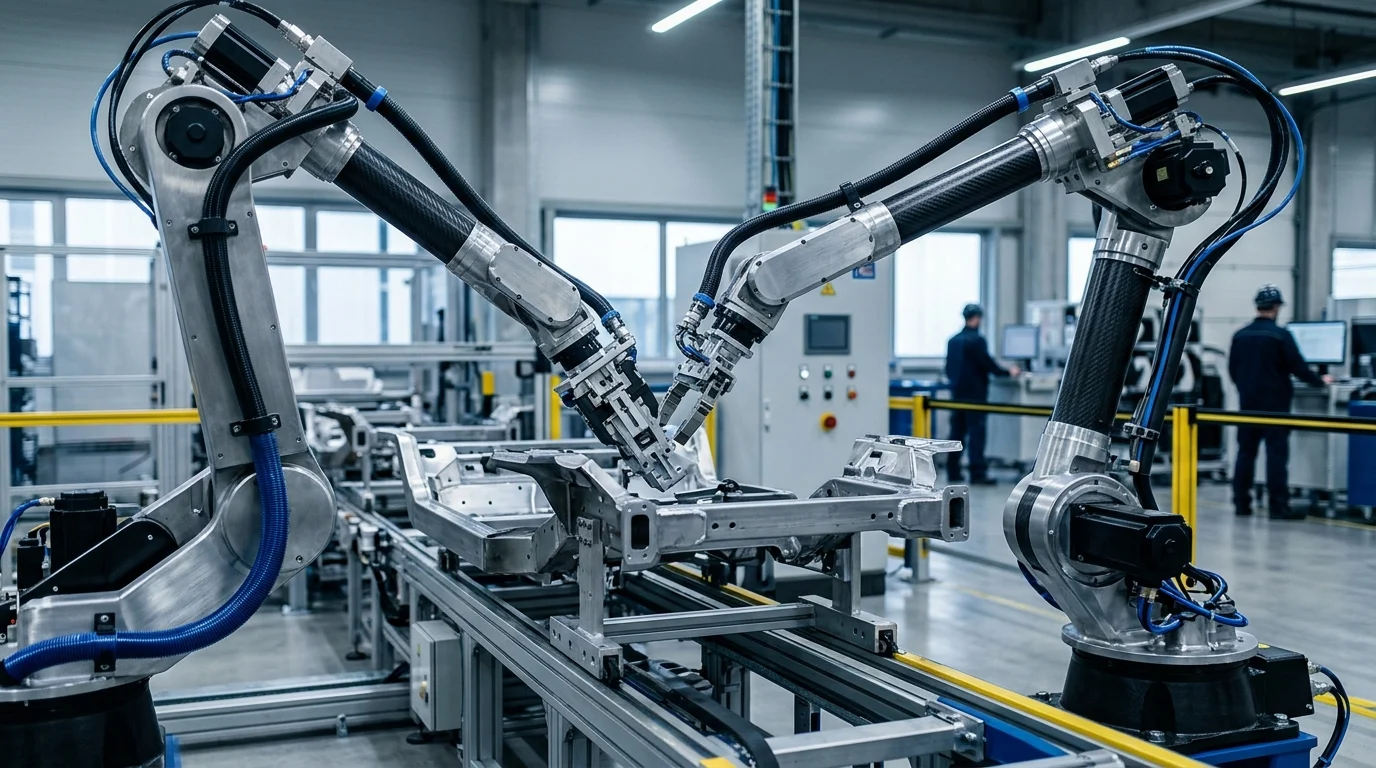 Industrial robotic machinery in a factory.