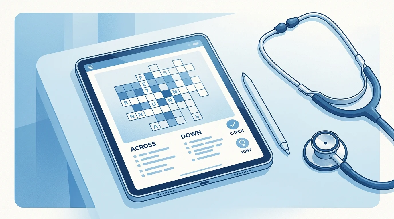 A digital tablet showing a crossword puzzle next to a stethoscope