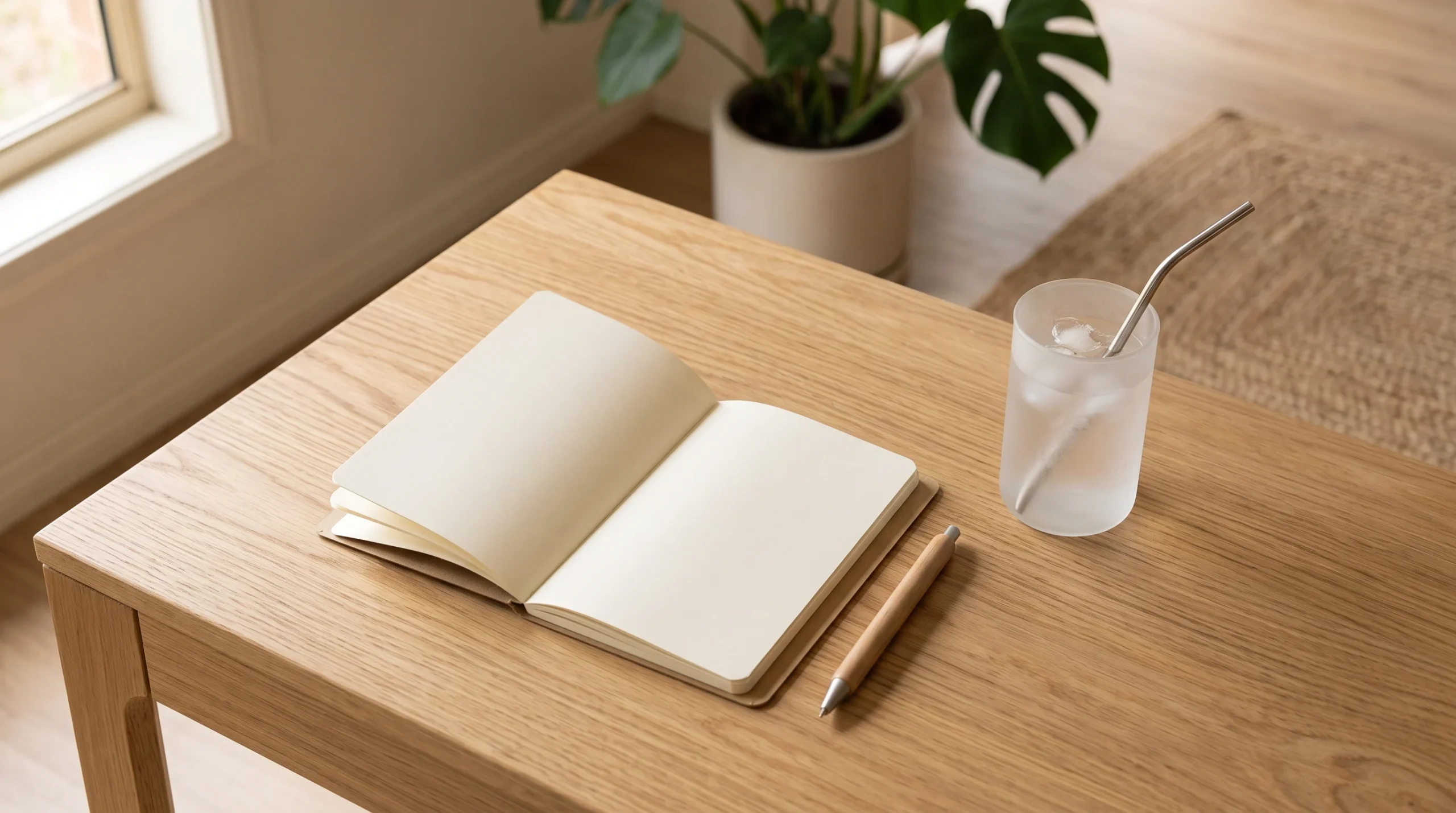 A neutral takeaway cup on a minimalist desk next to a notebook and pen.