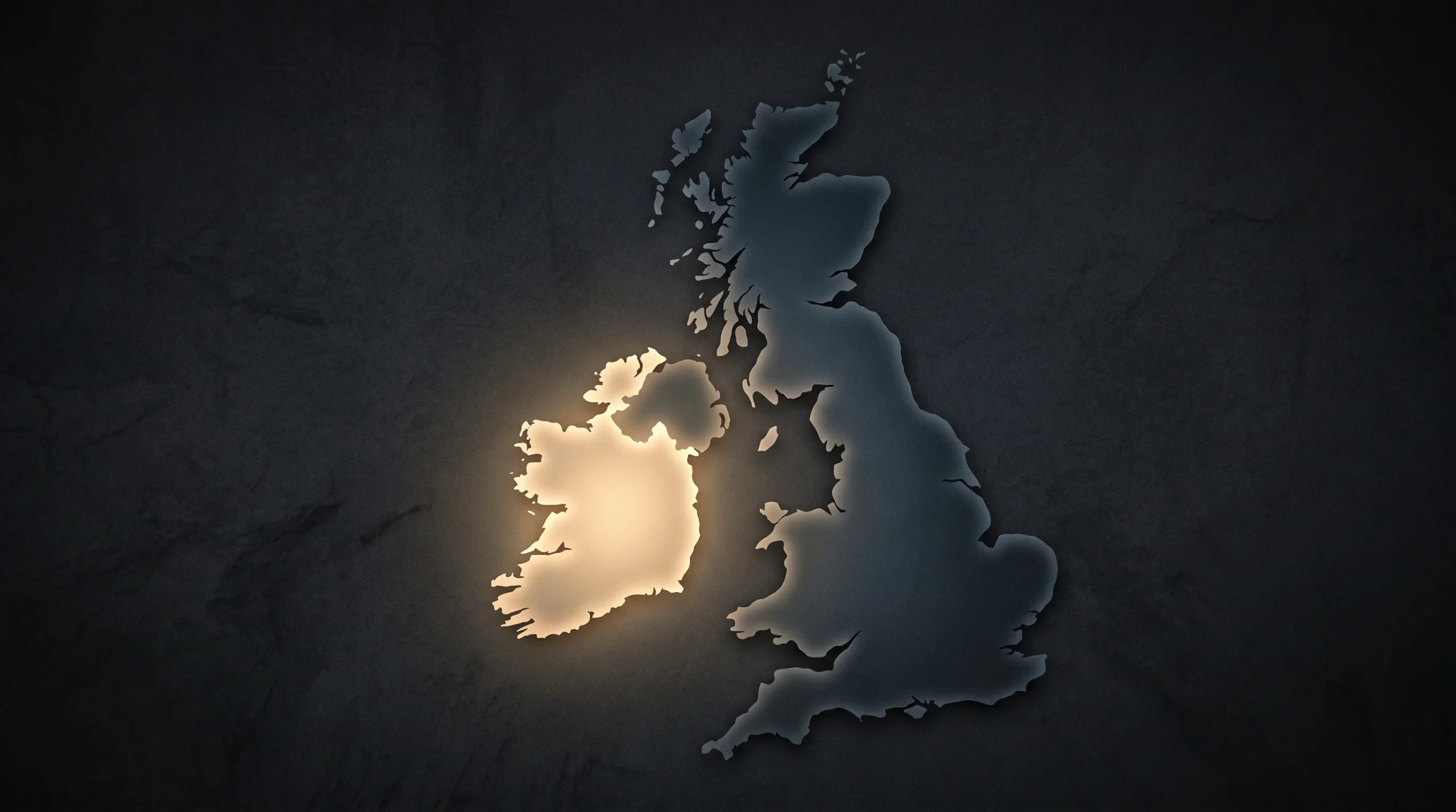 A conceptual map of the British Isles with the island of Ireland illuminated.