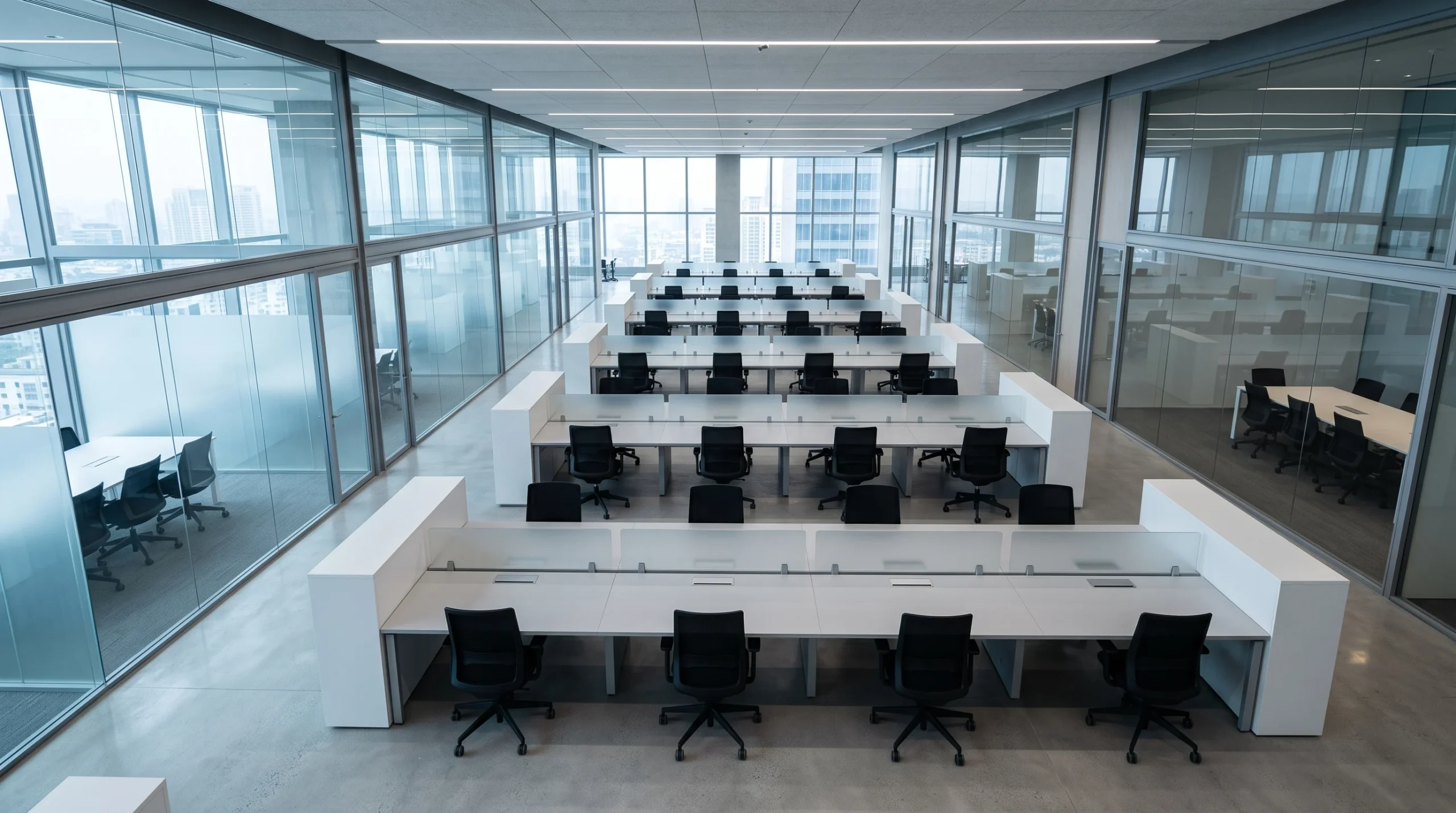 A clean, modern office workspace viewed from above, representing corporate restructuring.