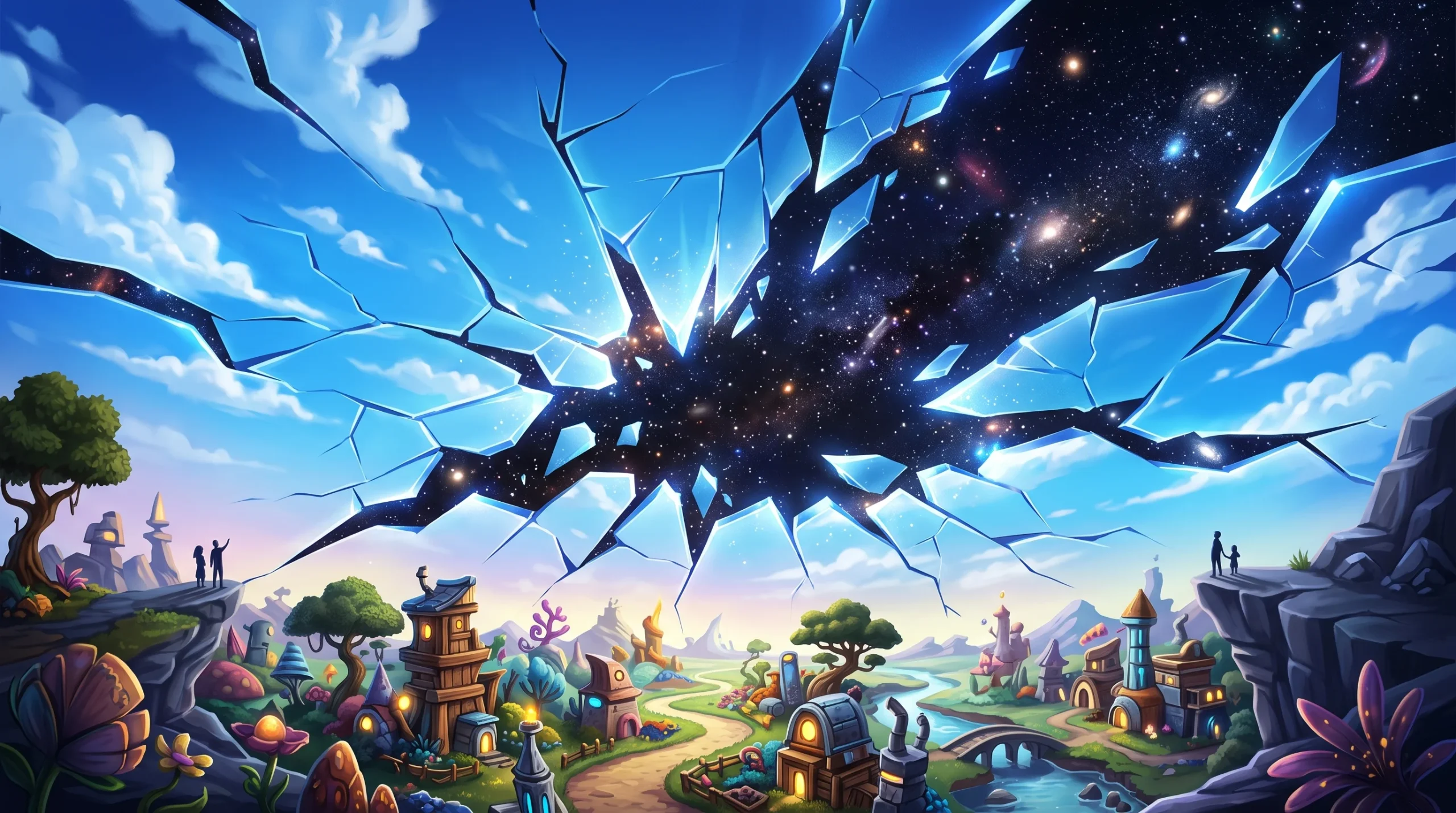 A conceptual illustration of a bright sky breaking into a dark simulation.